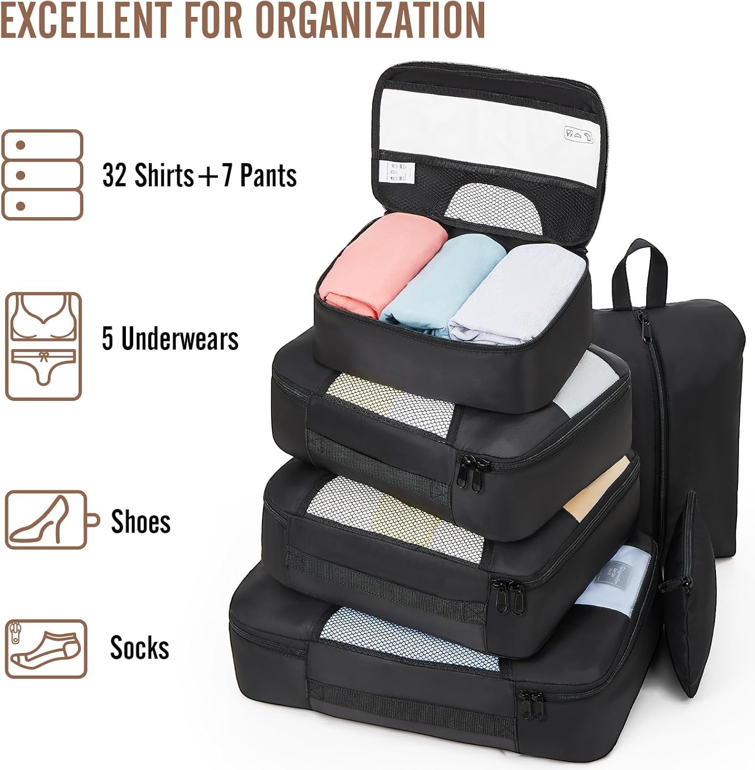 Veken | Packing Cubes | 8 Set | Black - aborderproducts
