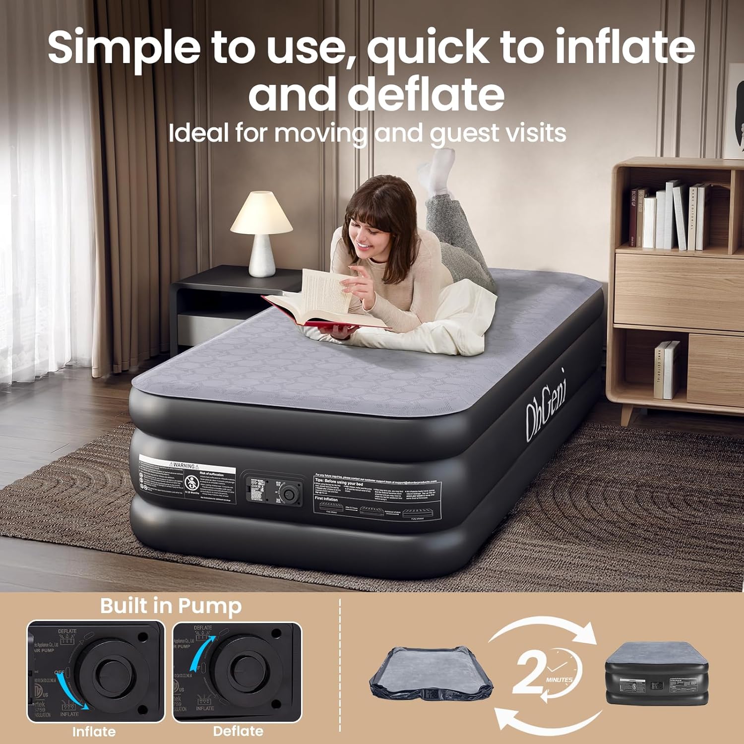 OhGeni | Air Mattress | Silk Foam Topper | 75"L x 39"W x 18"Th | Twin | Black - aborderproducts