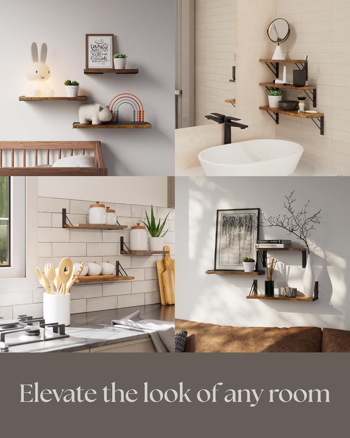 BAYKA | Floating Shelves | Set of 3 | Rustic Brown - aborderproducts