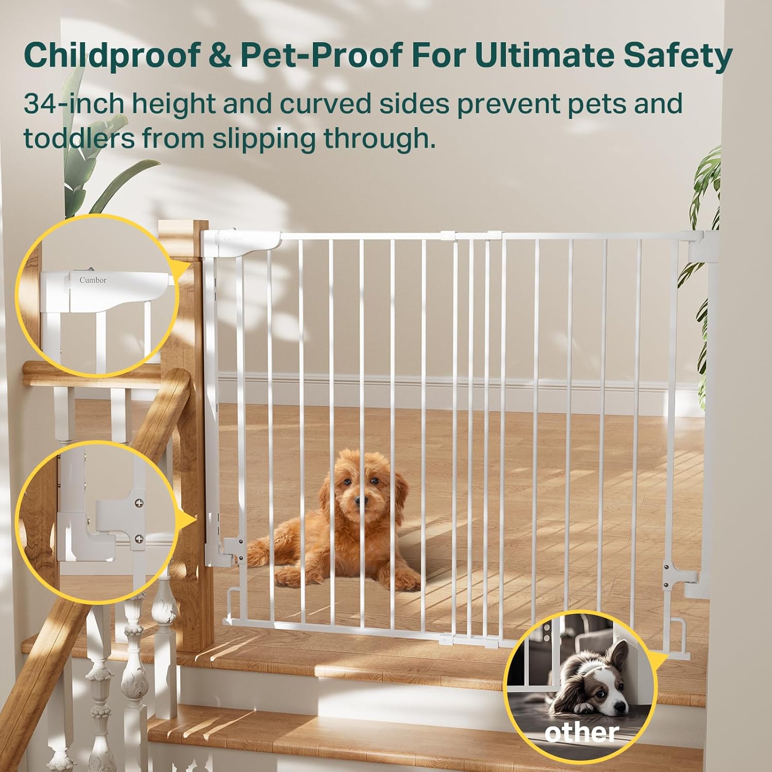 Cumbor | Safety Gate | No Bottom Bar | 34" x 29.2-43" | White - aborderproducts