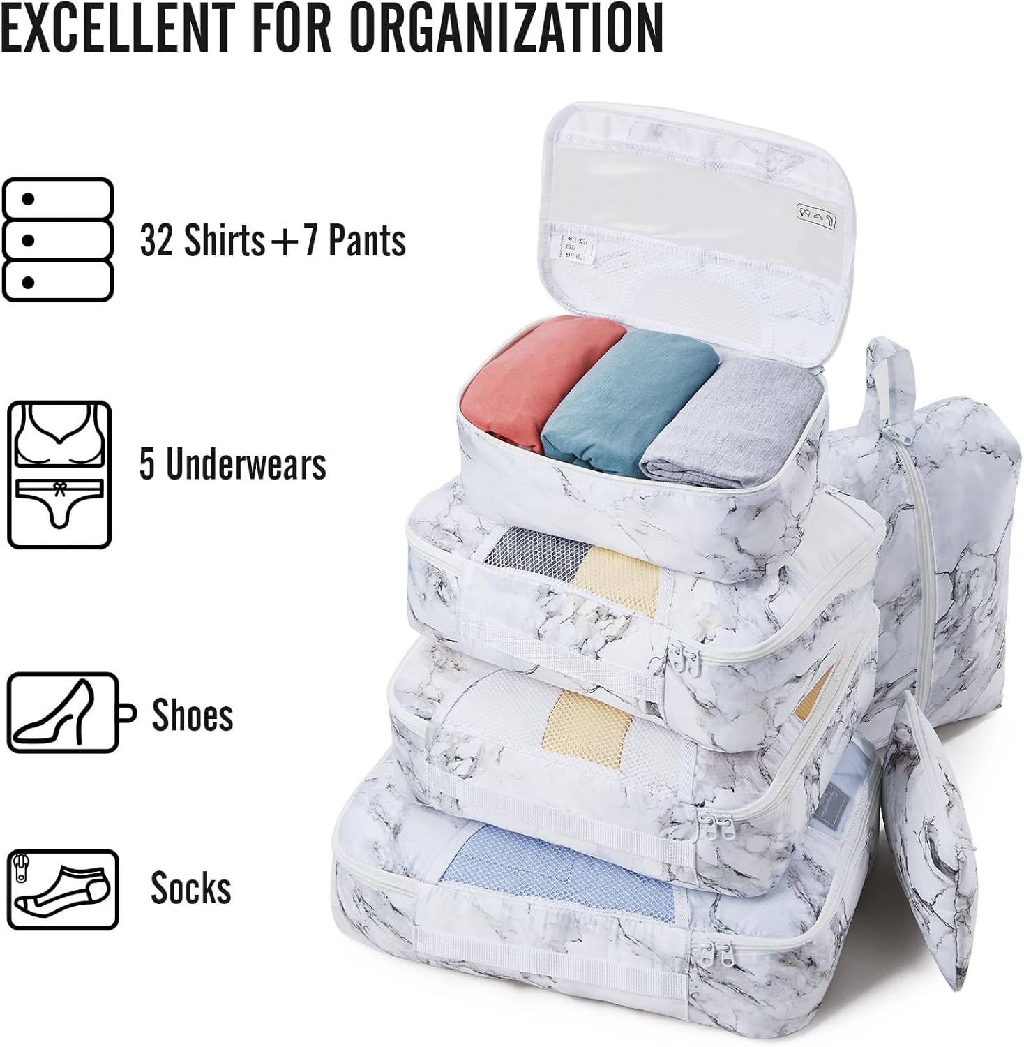 Veken | Packing Cubes | 8 Set | White Marble - aborderproducts