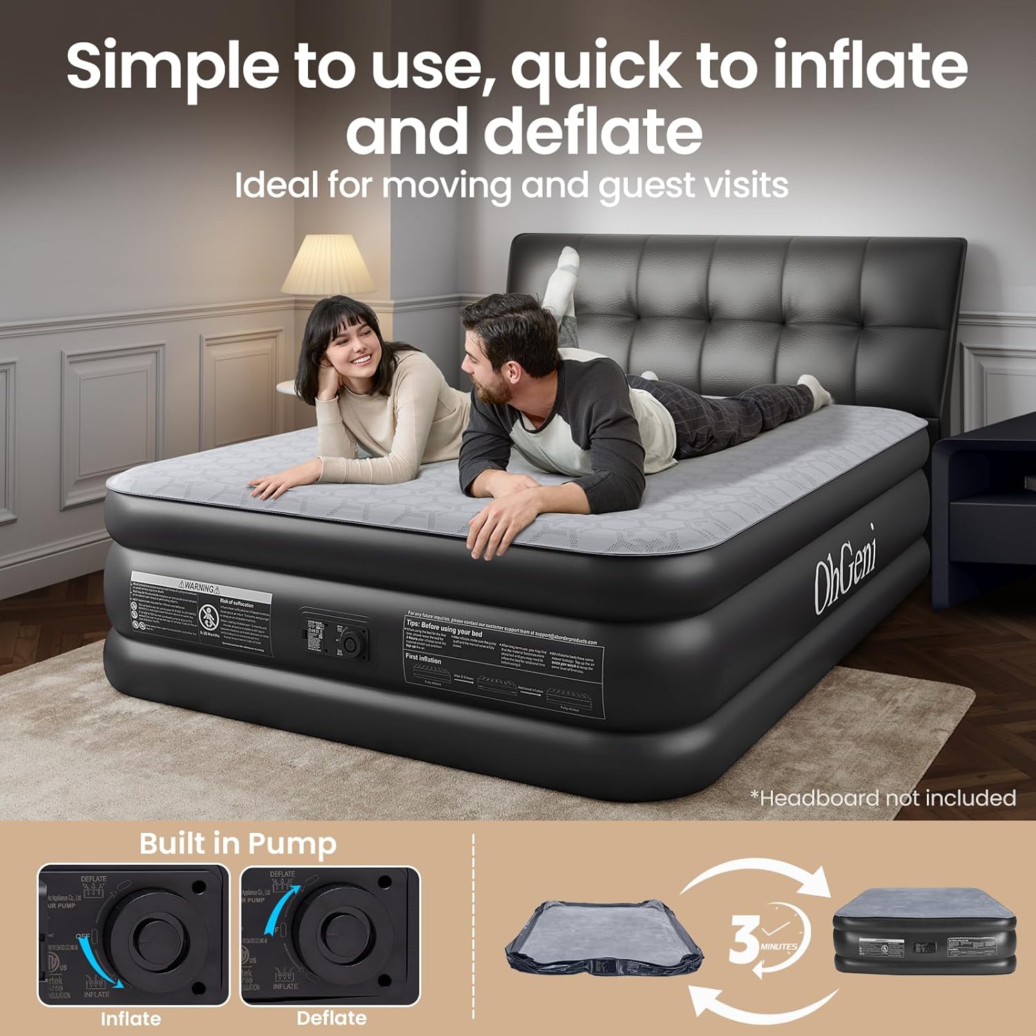 OhGeni | Air Mattress | Silk Foam Topper | 80"L x 60"W x 18"Th | Queen | Black - aborderproducts