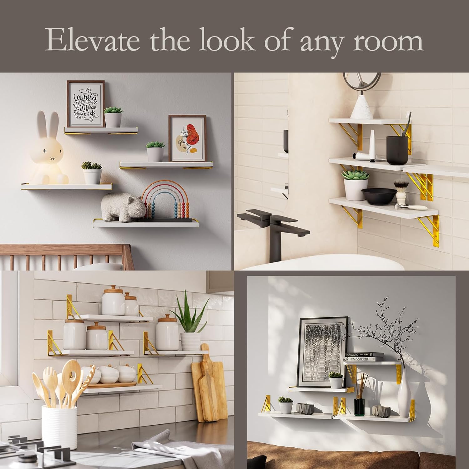 BAYKA | Floating Shelves | Set of 4 | White and Gold - aborderproducts