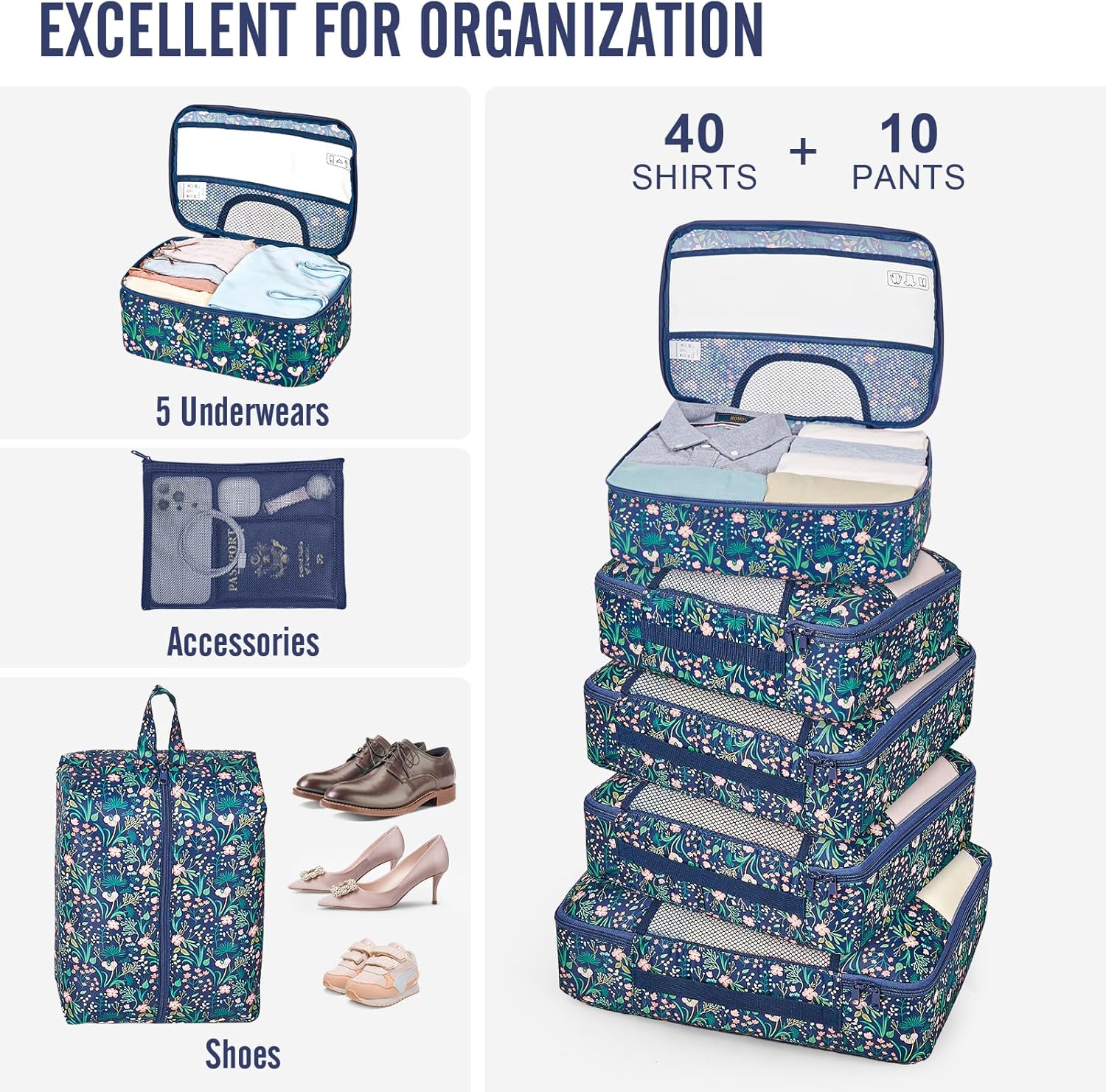 Veken | 10 Set | Packing Cube | Garden Navy Floral - aborderproducts