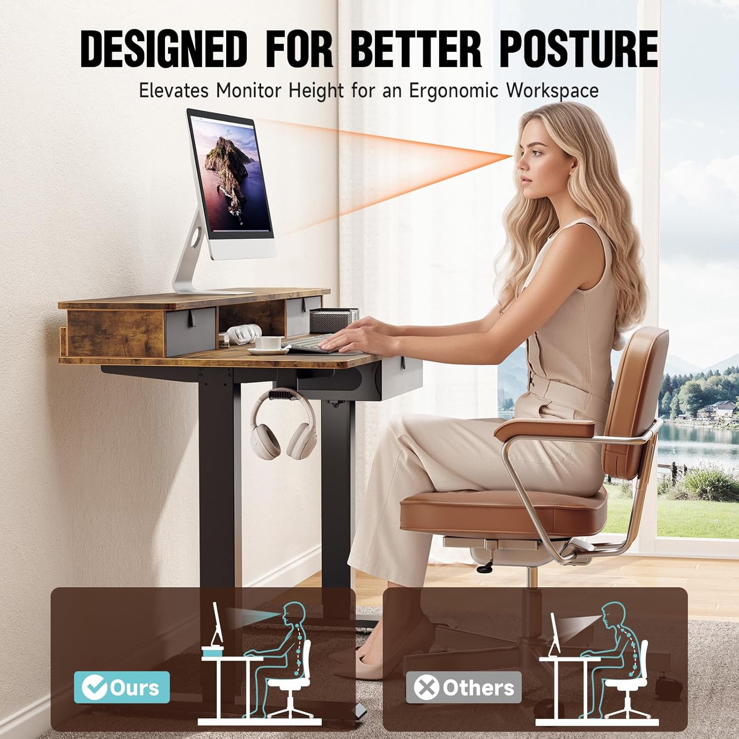 Veken | Standing Desk with 3 Drawers | 47.2 Inch | Brown - aborderproducts