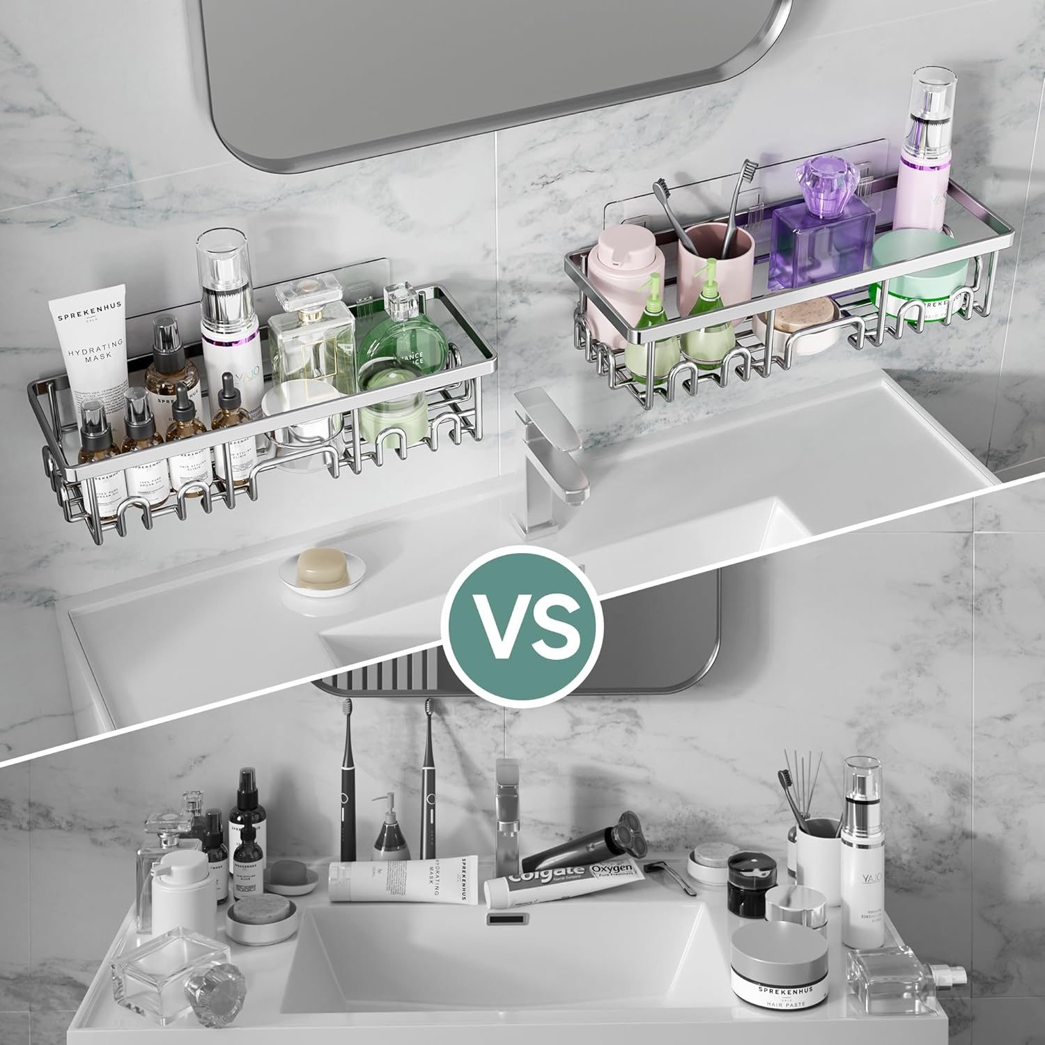 Veken Rustproof & Waterproof Shower Caddy 2-Pack, No Drilling Adhesive Shelves Rack with Soap Holder, Large Capacity Bathroom Organizers and Storage, Wall-Mounted Kitchen & Home Decor, Silver - aborderproducts