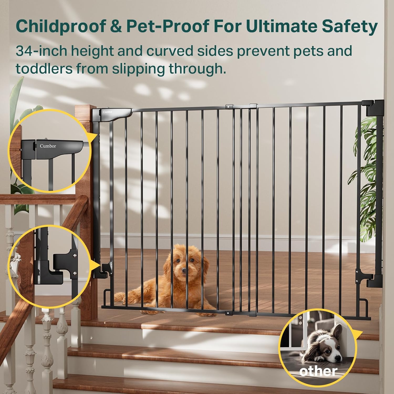 Cumbor | Safety Gate | No Bottom Bar | 34" x 31.6-48" | Black - aborderproducts