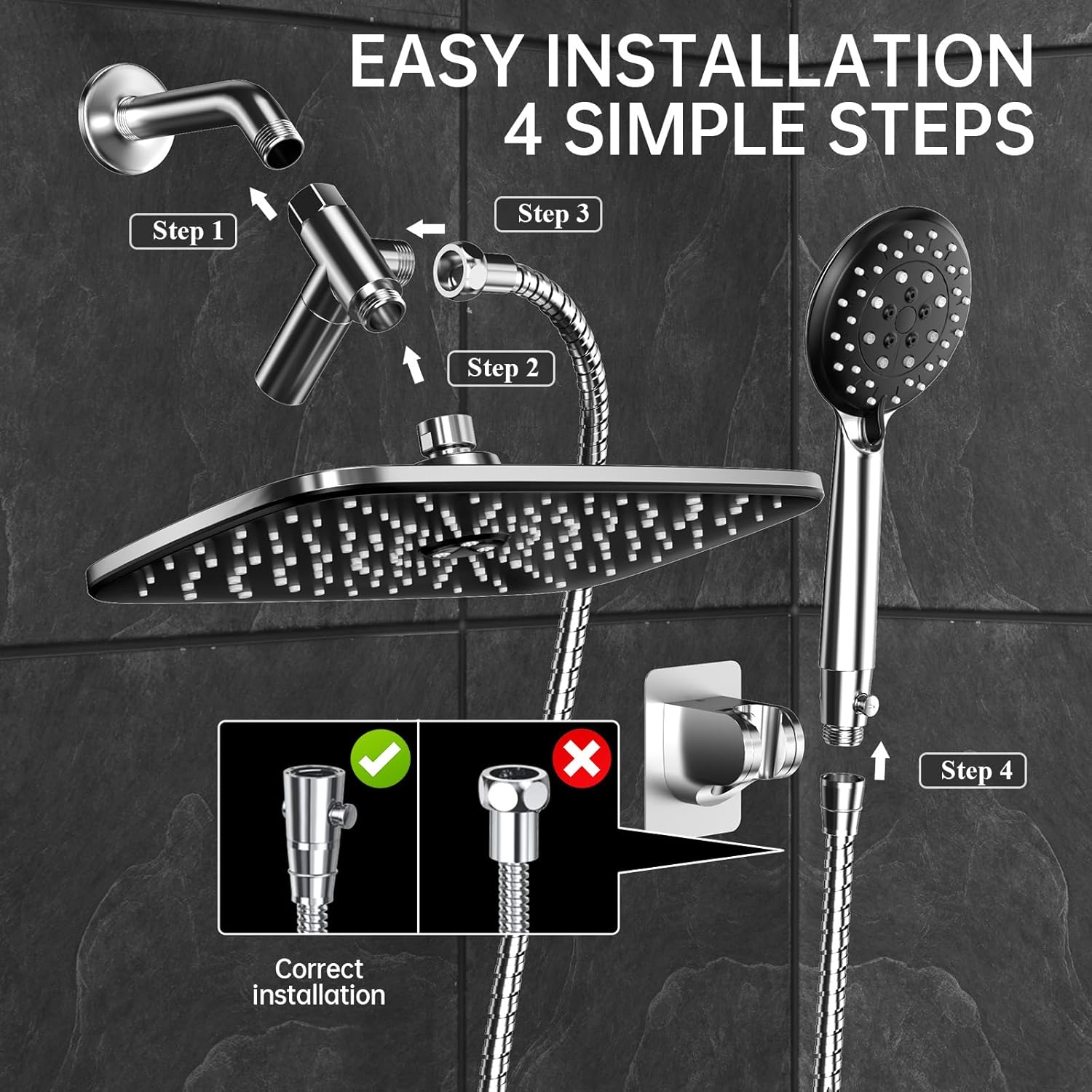 Veken | Rain Shower Head Combo | 11.8 Inch |  Rectangle | Chrome - aborderproducts