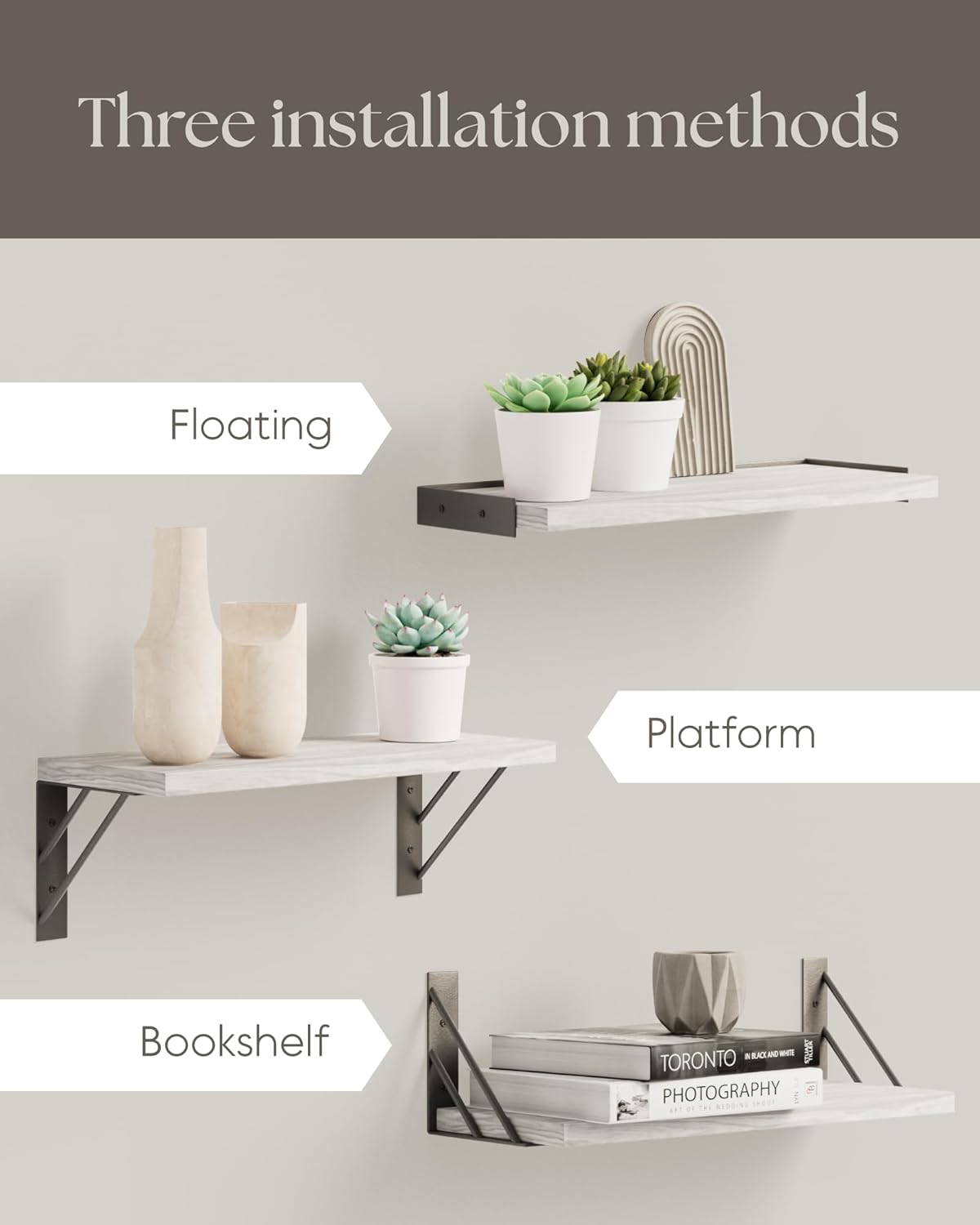 BAYKA | Floating Shelves | Set of 3 | Grey White - aborderproducts