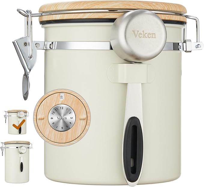 Veken Coffee Canister, Airtight Stainless Steel Kitchen Food Storage Container with Date Tracker and Scoop for Beans, Grounds, Tea, Flour, Cereal, Sugar, 16OZ, Cream