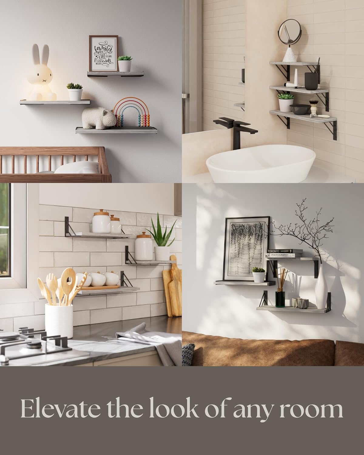 BAYKA | Floating Shelves | Set of 3 | Grey White - aborderproducts