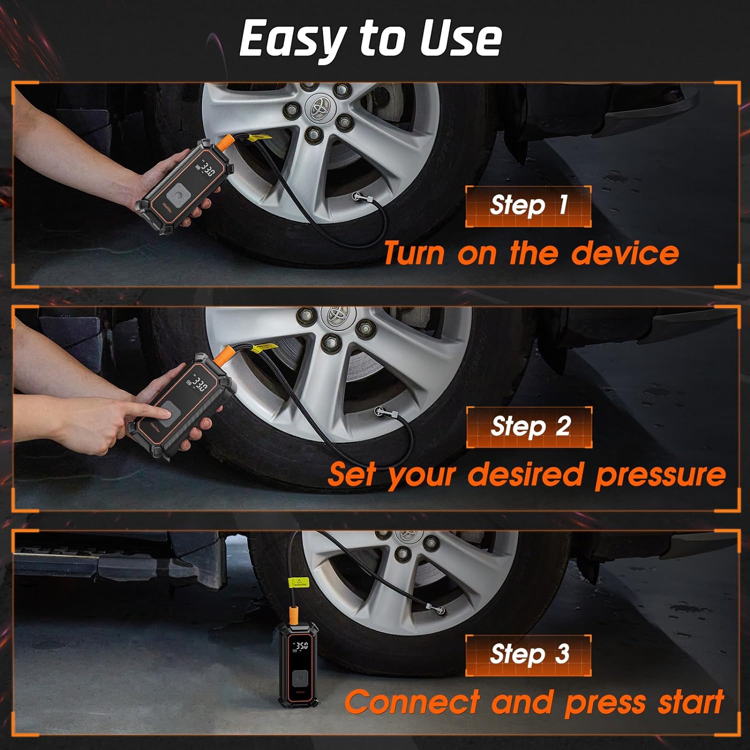 Change title: OlarHike Cordless Electric Tire Inflator Portable Air Compressor, Auto Air Pump for Car Tires,SUV,Bicycle, Bike,motorcycle,ball, Tire Inflator with Digital Pressure Gauge, Smart Pump with LED Light, Gray - aborderproducts