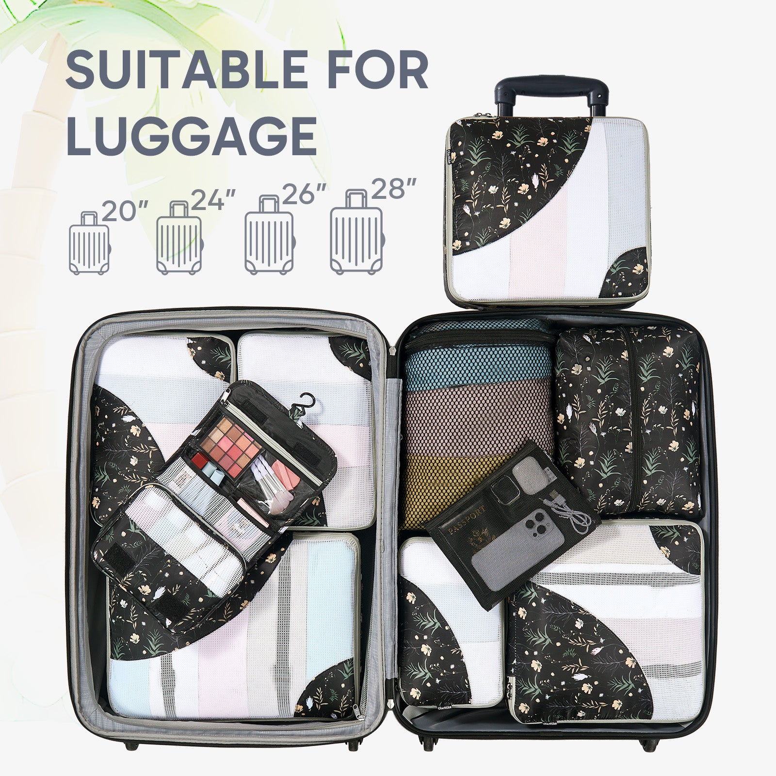 ALL INCLUDED 10 Set Durable Packing Cubes for Suitcases,OlarHike Essentials for Travel,UPGRADED Anti-Tear Stitching, NEW Improved Luggage Packing Organizers for Travel Accessories (Black Flower) - aborderproducts