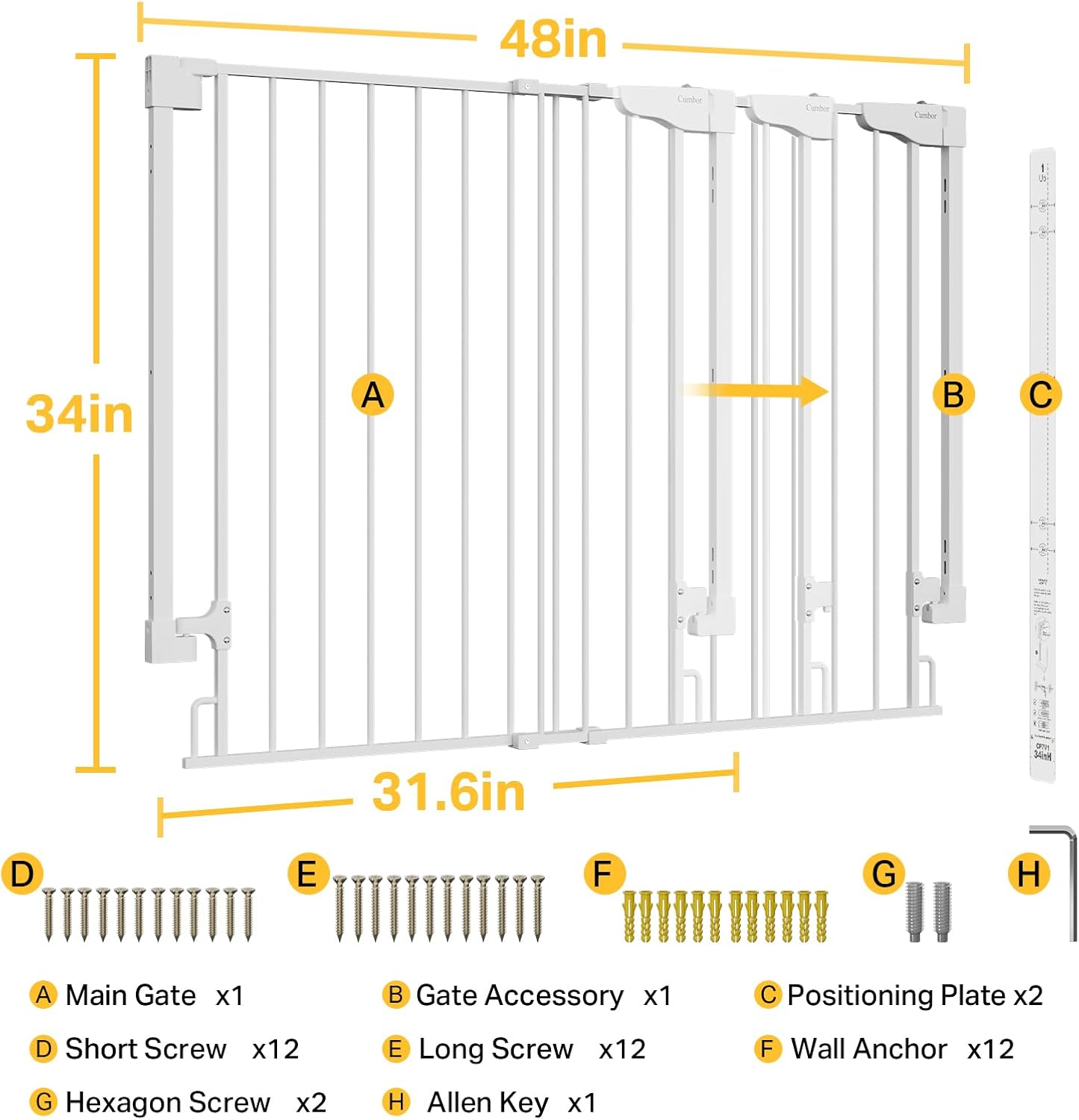 Cumbor | Safety Gate | No Bottom Bar | 34" x 31.6-48" | White - aborderproducts