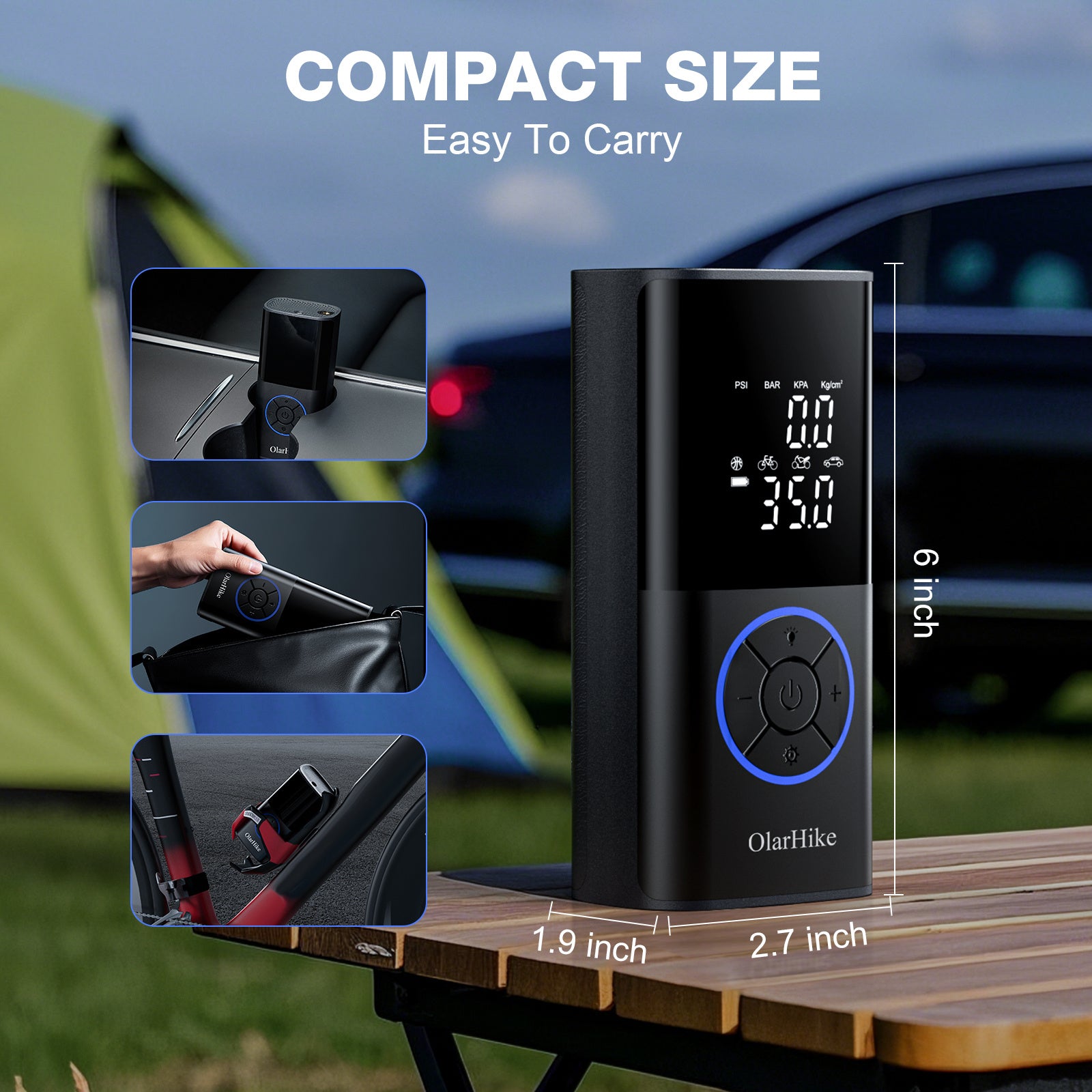 OlarHike Mini Tire Inflator Portable Air Compressor, 5200mAh Battery Powered, 160PSI Auto Air Pump for Car Tires, Motorcycle, Bicycle, Electric Pump with LED Light & Digital Pressure Gauge - aborderproducts