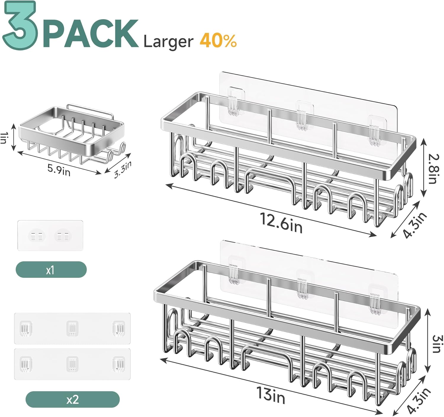 Veken Rustproof & Waterproof Shower Caddy 2-Pack, No Drilling Adhesive Shelves Rack with Soap Holder, Large Capacity Bathroom Organizers and Storage, Wall-Mounted Kitchen & Home Decor, Silver - aborderproducts