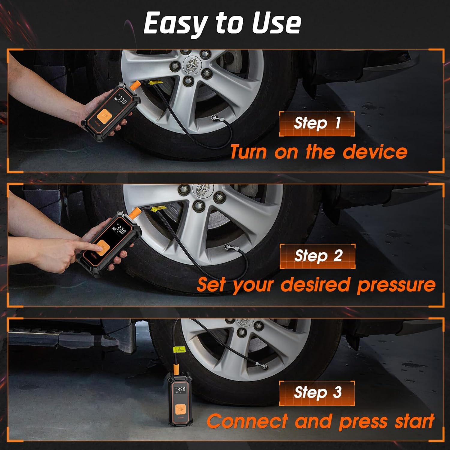 OlarHike Cordless Electric Tire Inflator Portable Air Compressor, Auto Air Pump for Car Tire,SUV,Bicycle, Bike,motorcycle,ball, Tire Inflator with Digital Pressure Gauge, Smart Pump with LED Light, Orange - aborderproducts