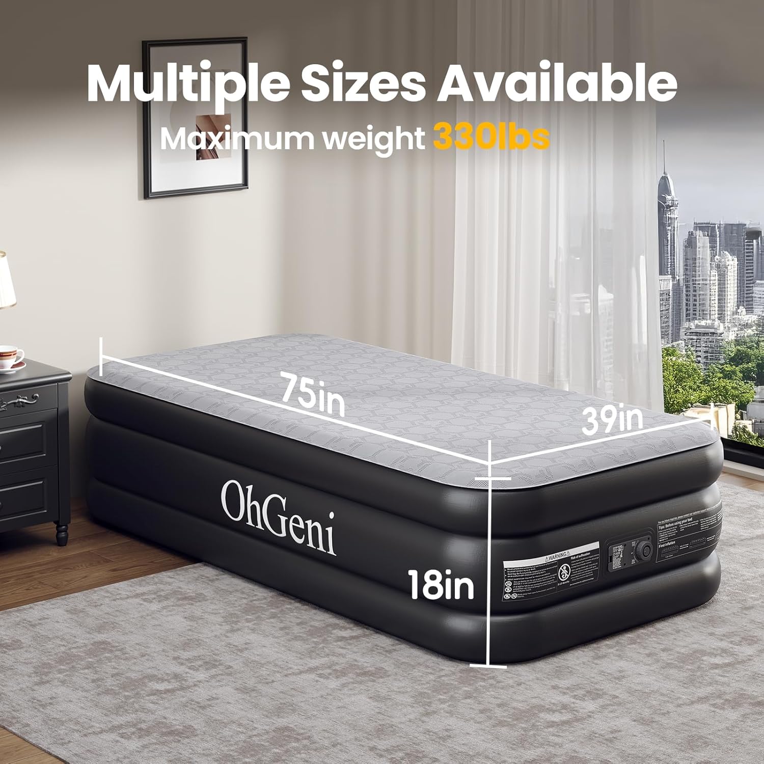 OhGeni | Air Mattress | Silk Foam Topper | 75"L x 39"W x 18"Th | Twin | Black - aborderproducts