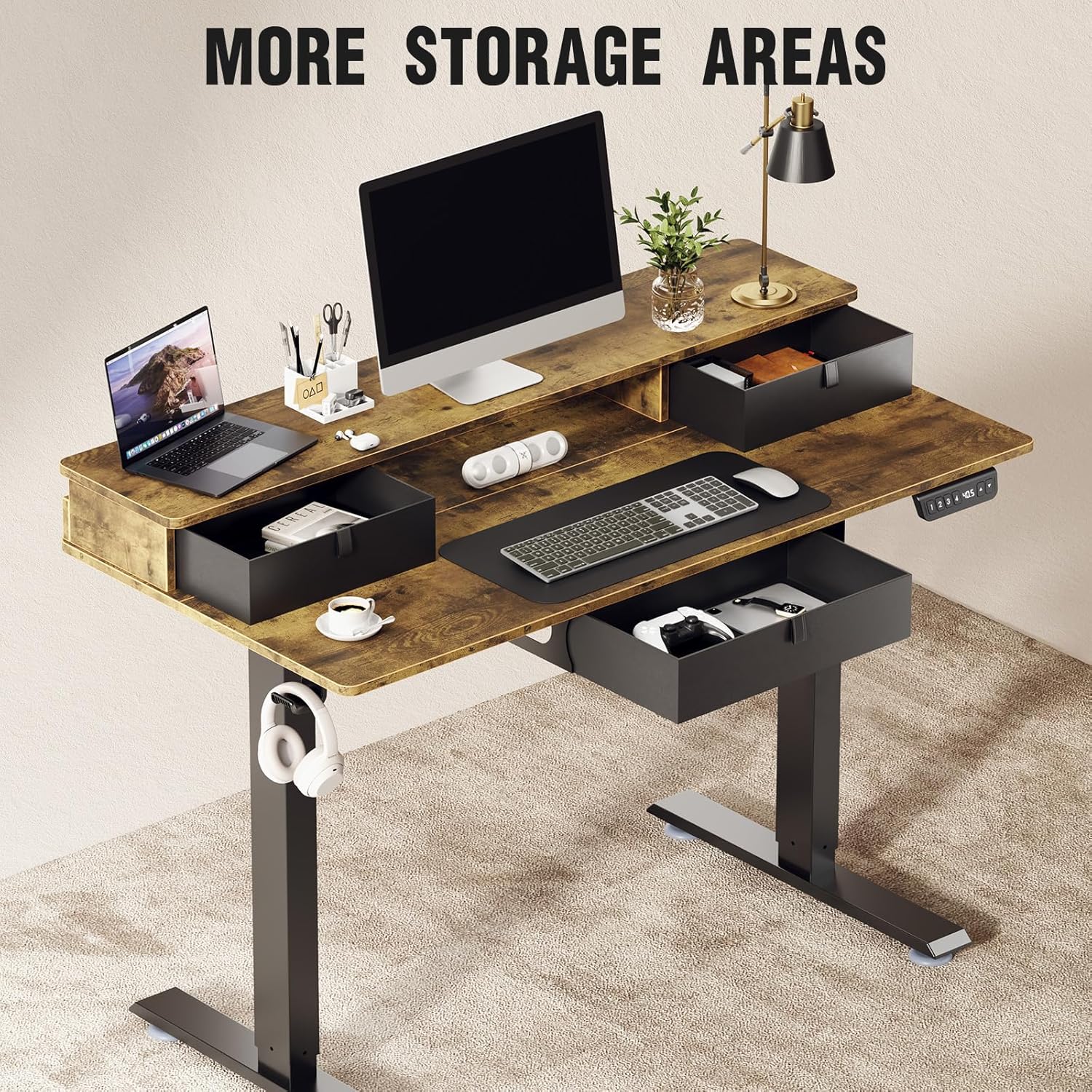 Veken | Standing Desk with 3 Drawers | 47.2 Inch | Brown - aborderproducts