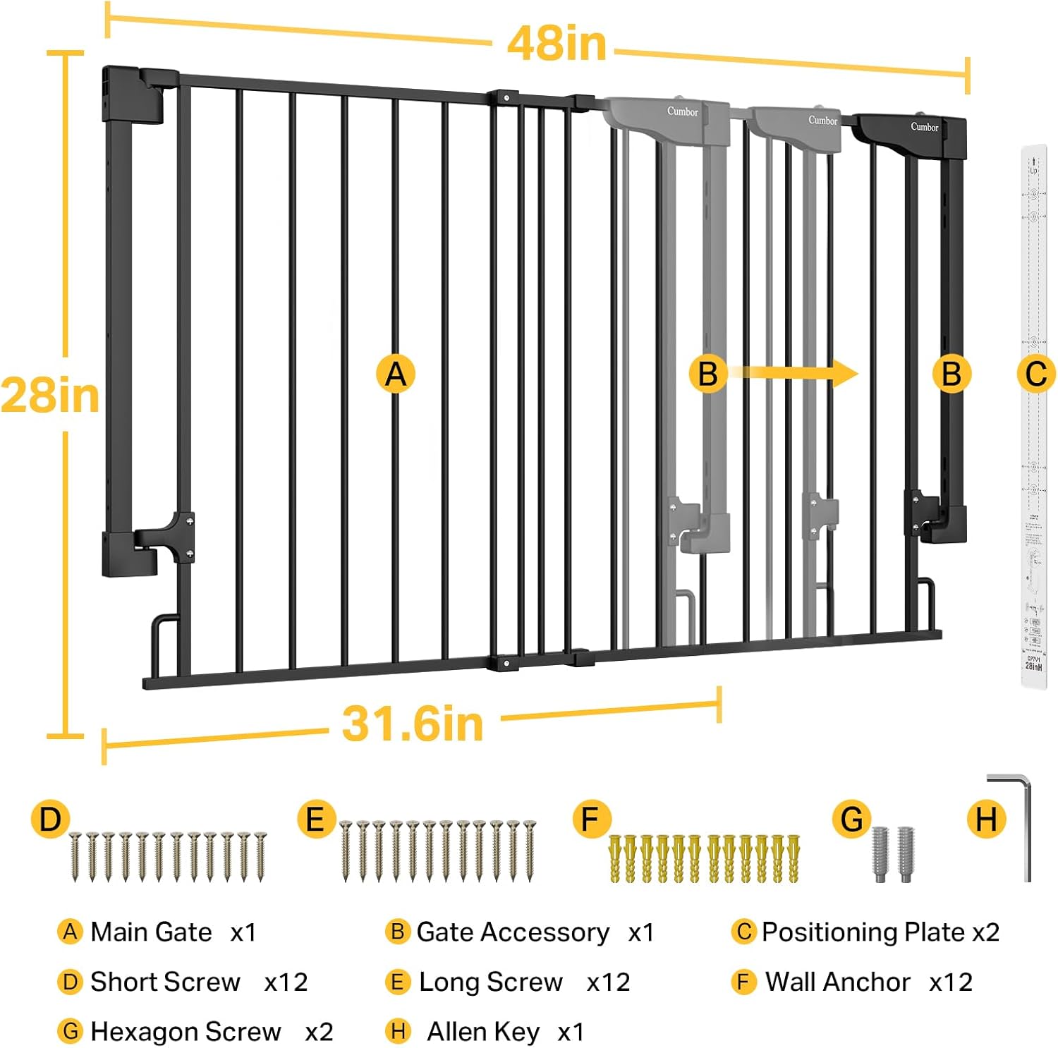 Cumbor | Safety Gate | No Bottom Bar | 28" x 31.6-48" | Black