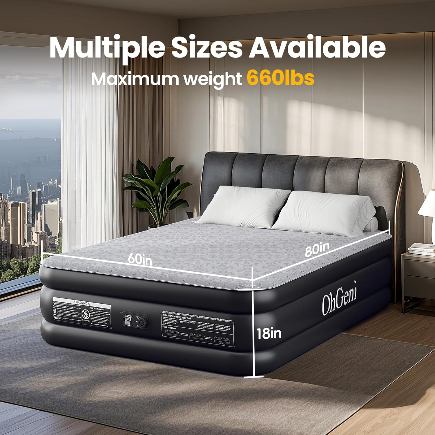 OhGeni | Air Mattress | Silk Foam Topper | 80"L x 60"W x 18"Th | Queen | Black - aborderproducts