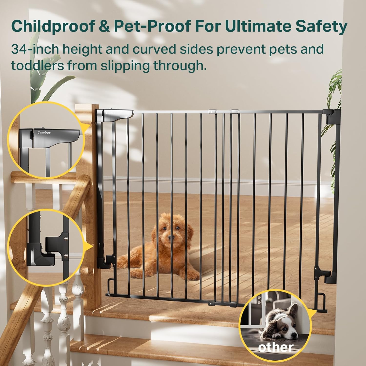 Cumbor | Safety Gate | No Bottom Bar | 34" x 29.2-43" | Black - aborderproducts