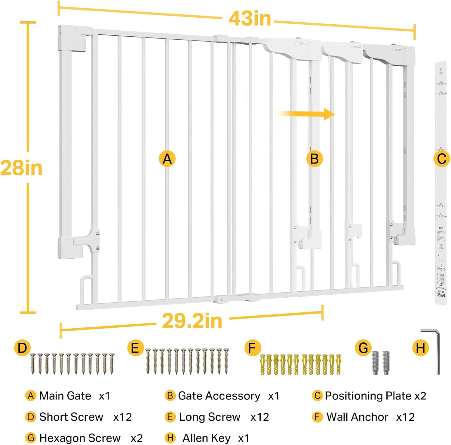 Cumbor | Safety Gate | No Bottom Bar | 29.2-43" | White - aborderproducts