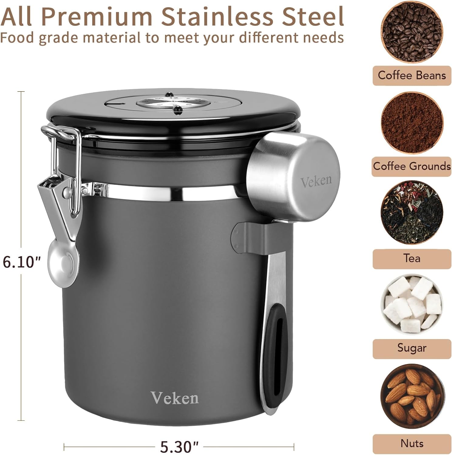 Coffee Canister Stainless Steel 16OZ Gray Veken aborderproducts