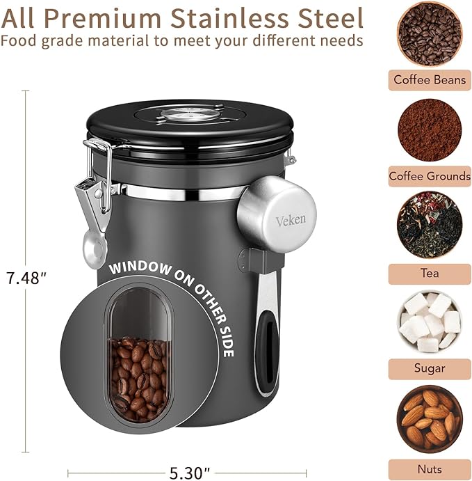 Coffee Canister with Window | Stainless Steel | 22OZ | Gray | Veken - aborderproducts
