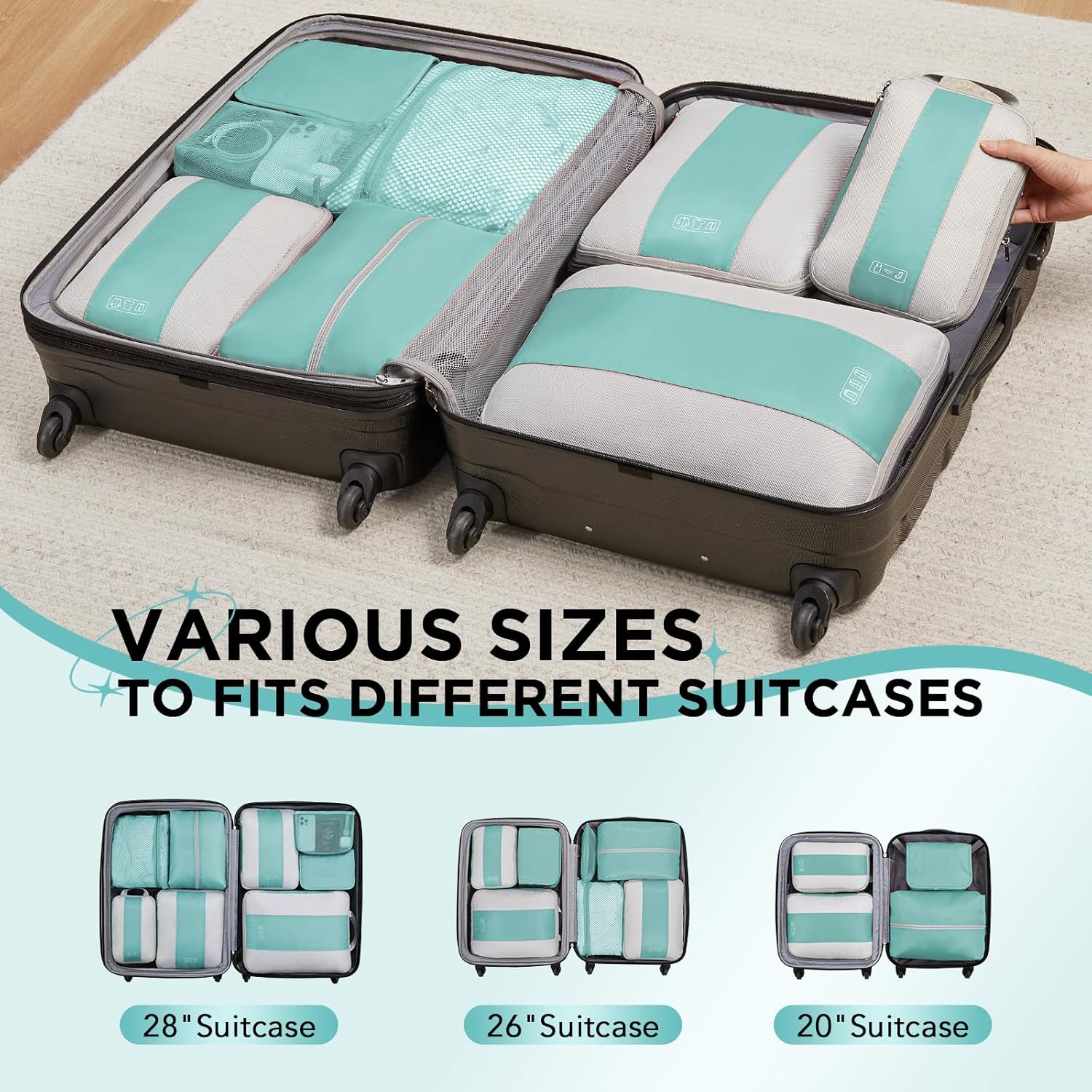 8-Piece Set Compression Packing Cubes (New Blue Green) - aborderproducts
