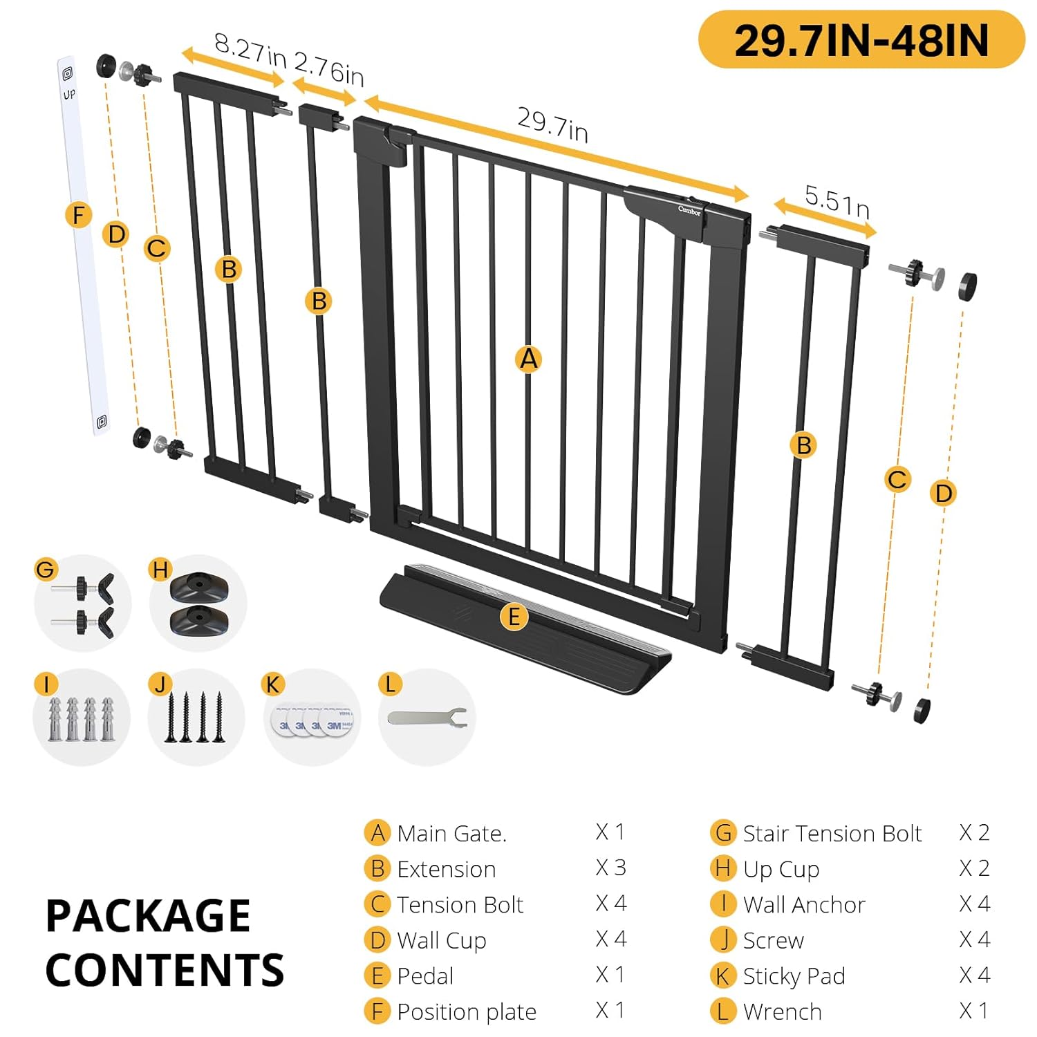 Cumbor | Safety Gate | 29.7-48"W x 30.5"H | Black - aborderproducts