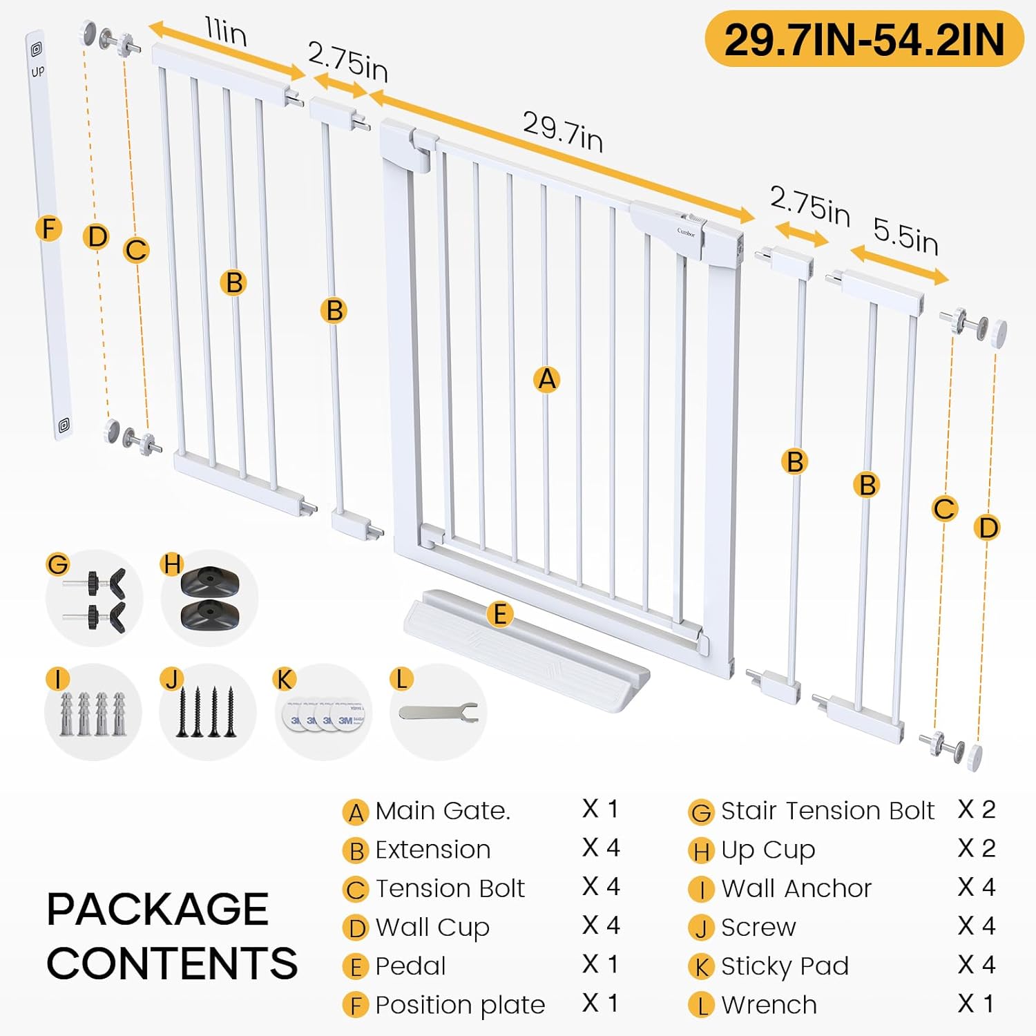 CUMBOR | SAFETY GATE | 29.7-54.2"W x 36"H | WHITE - aborderproducts