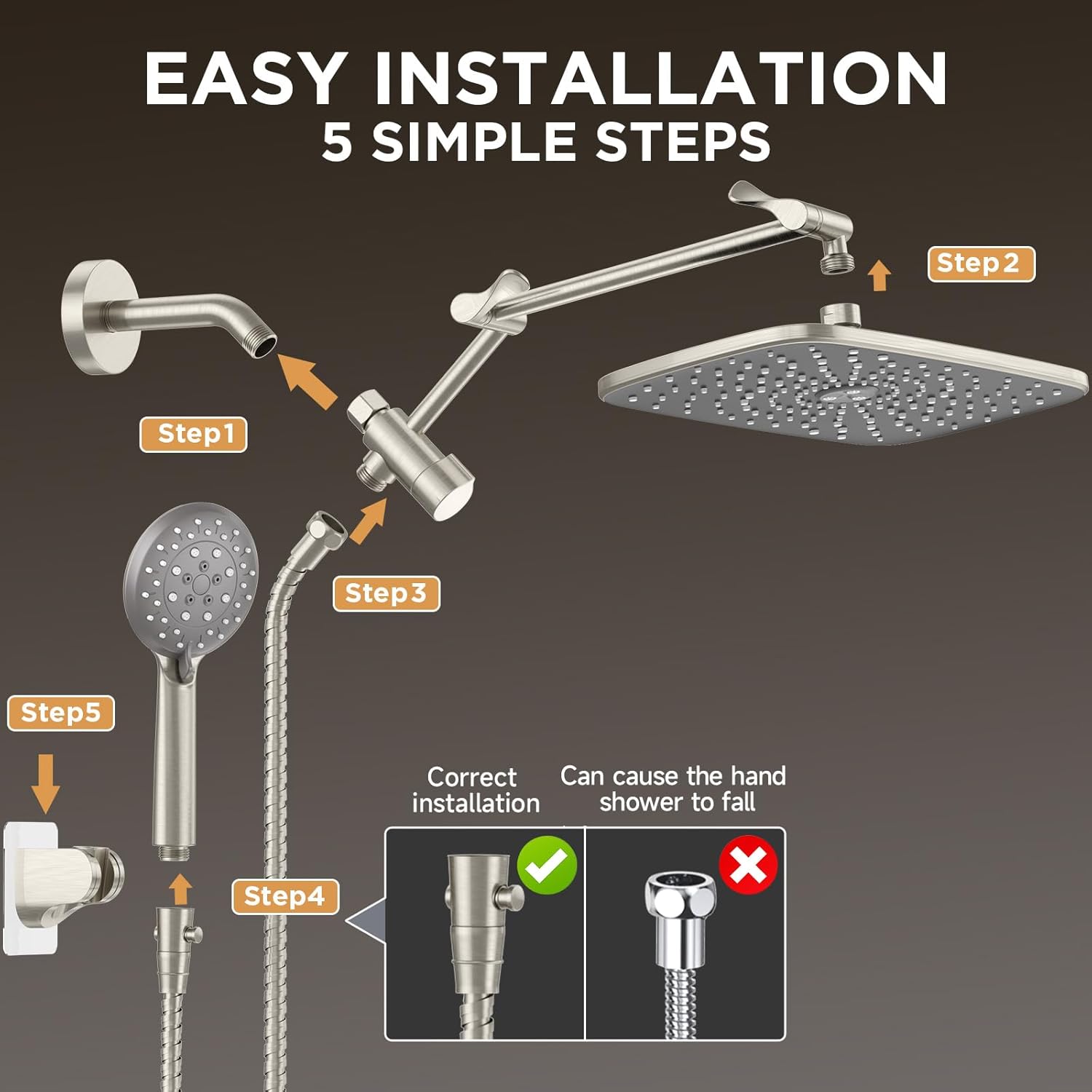 Veken | Rectangle High Pressure Rain Shower Head Combo | 1.8 GPM | Brushed Nickel