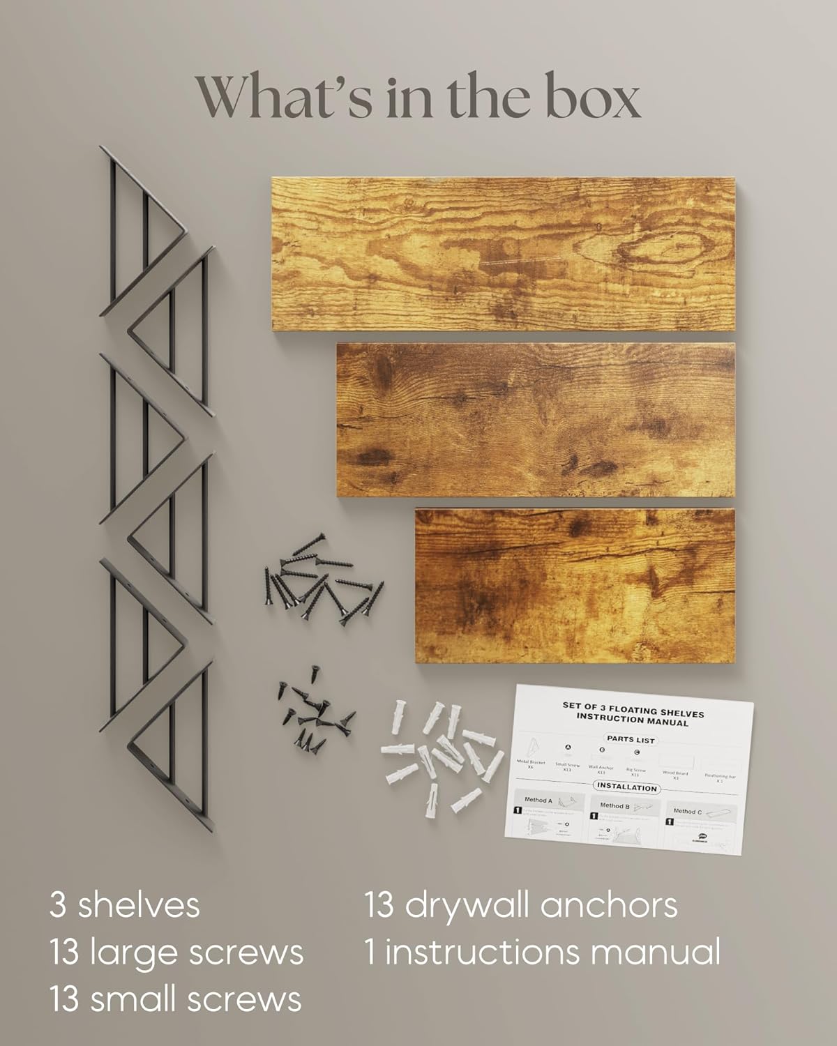 BAYKA | Floating Shelves | Set of 3 | Rustic Brown - aborderproducts