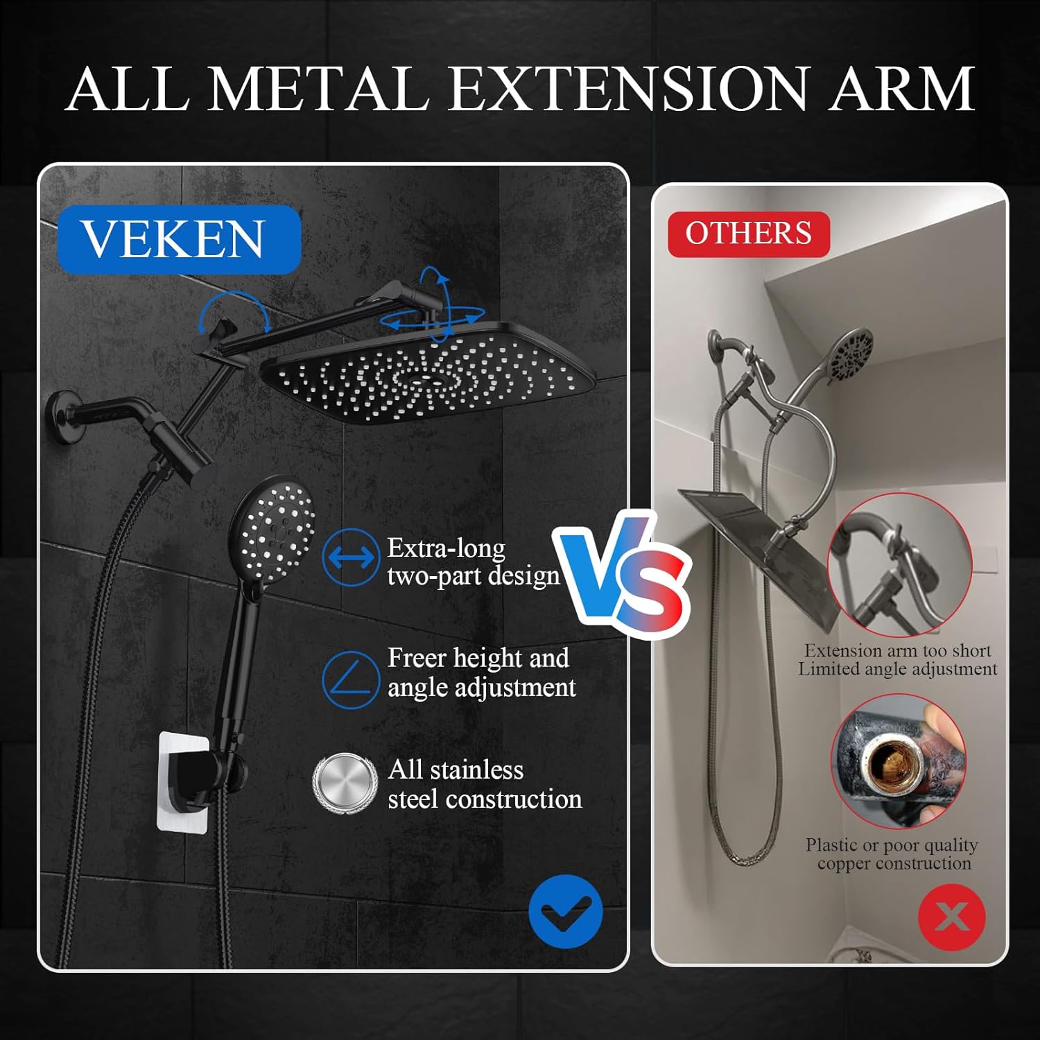 Veken | Shower Head Combo | 11.8 Inch | 1.8gpm | Matte Black - aborderproducts