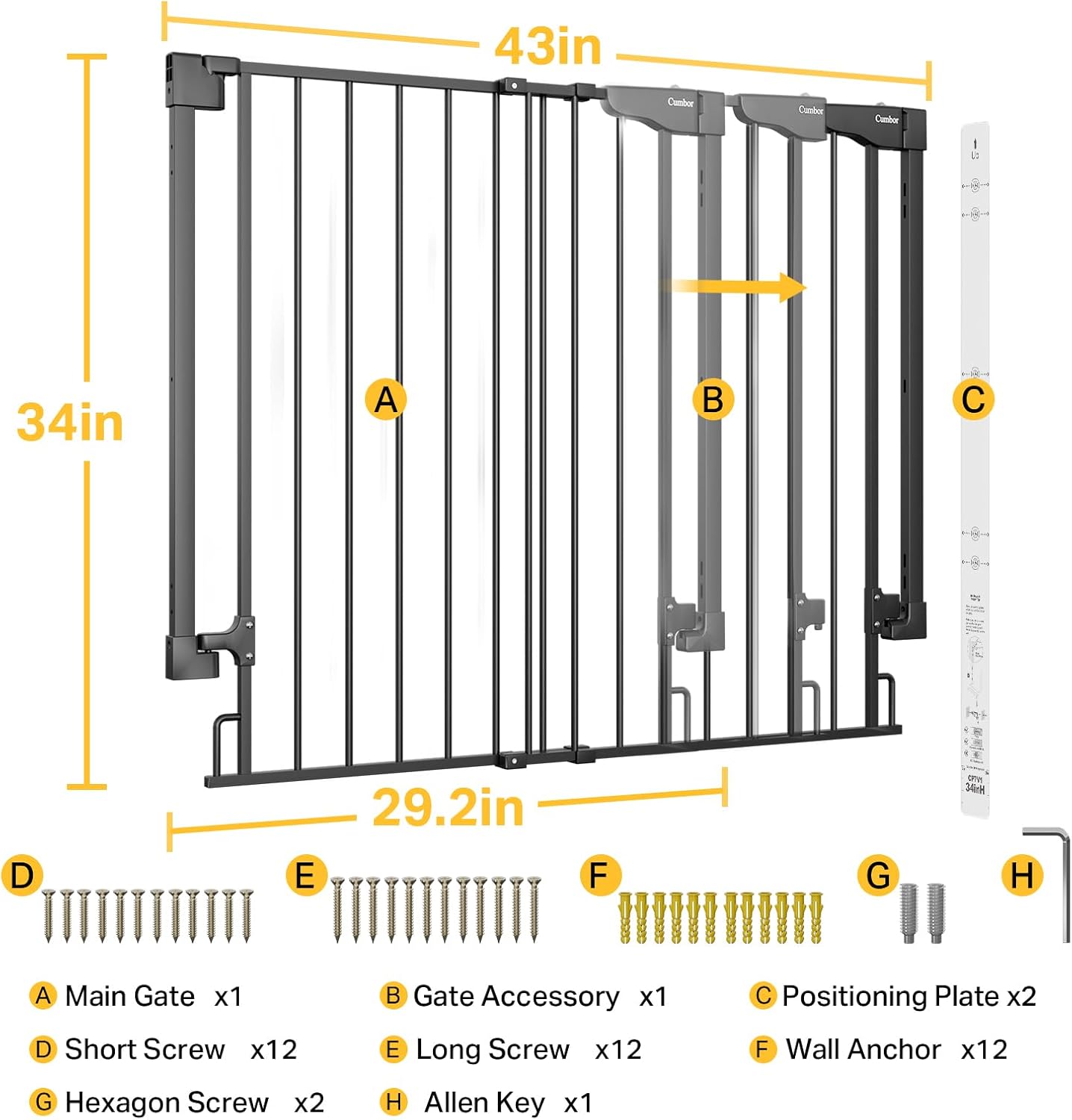 Cumbor | Safety Gate | No Bottom Bar | 34" x 29.2-43" | Black - aborderproducts