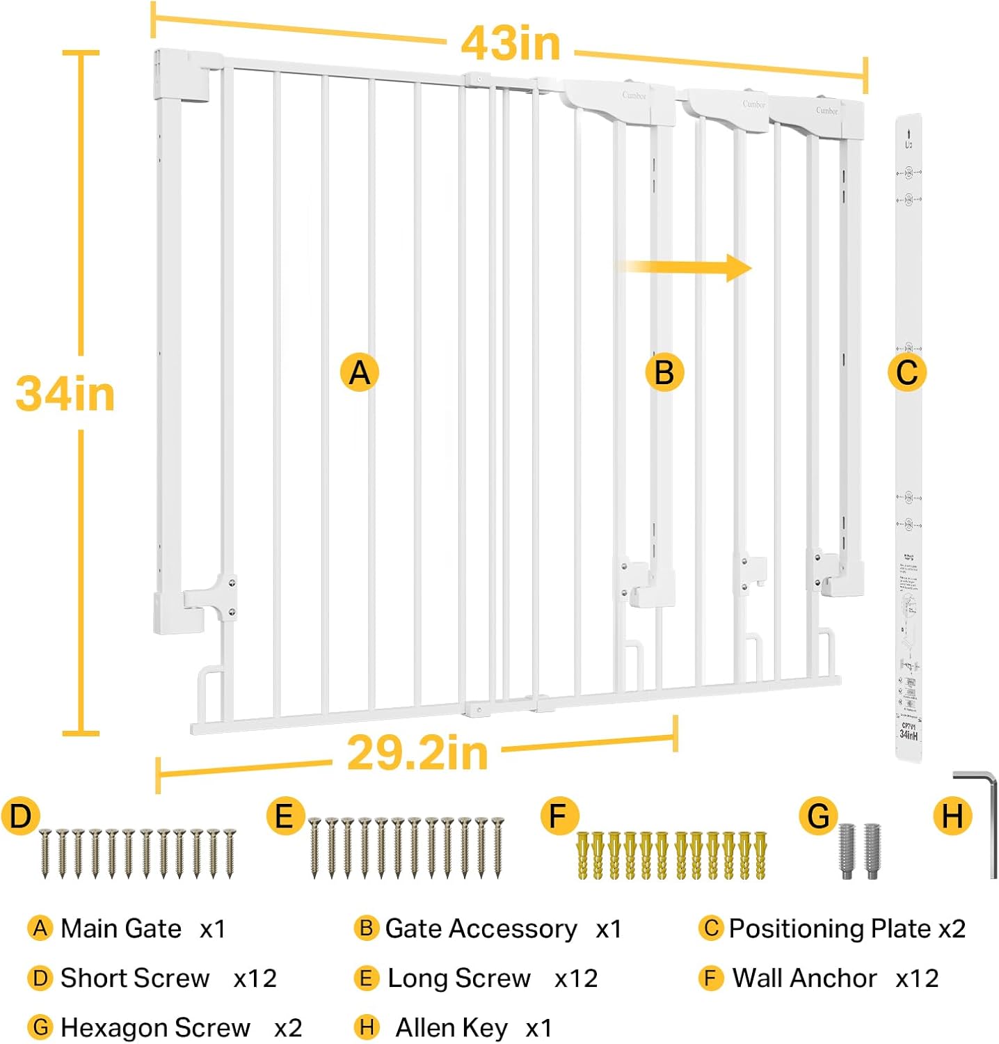 Cumbor | Safety Gate | No Bottom Bar | 34" x 29.2-43" | White - aborderproducts