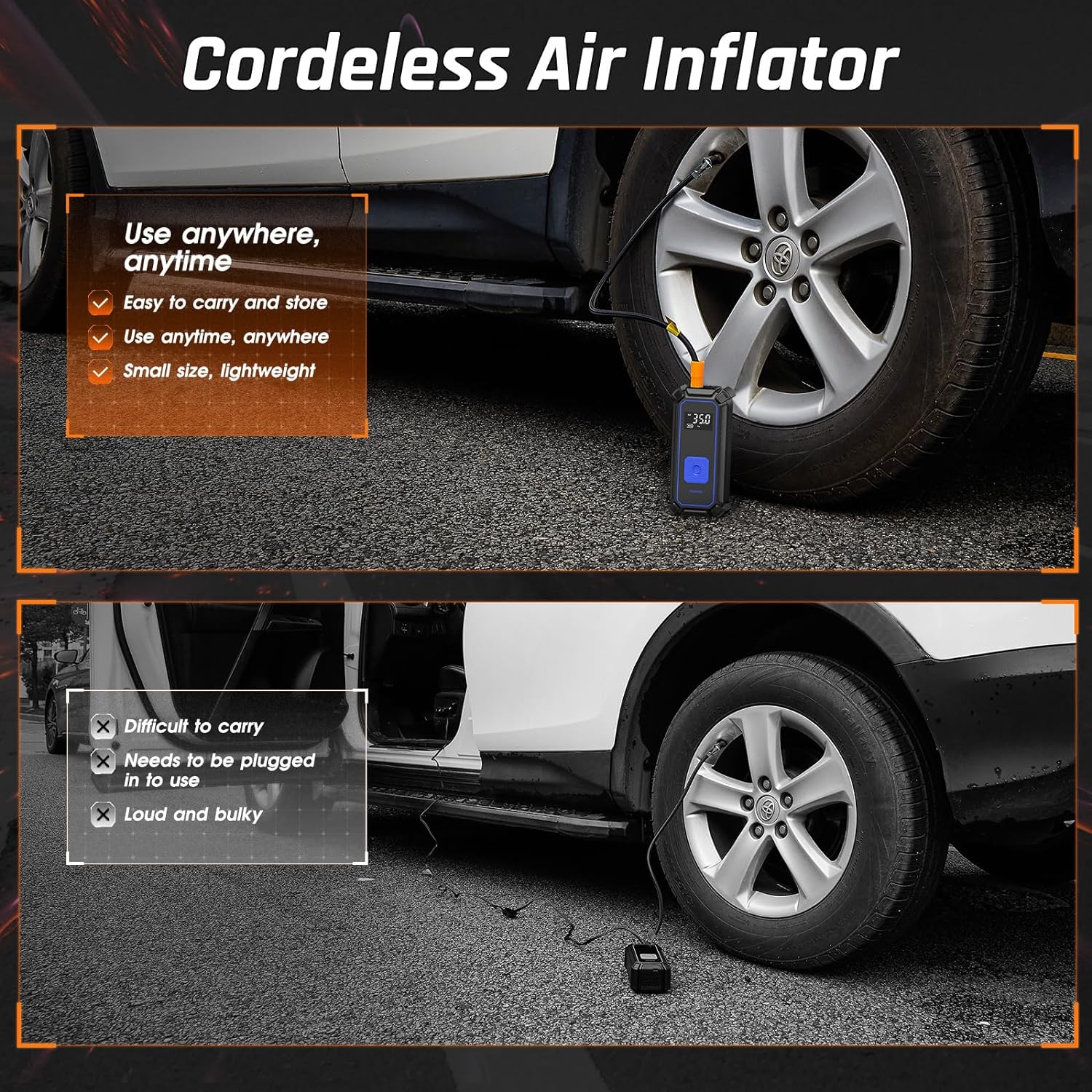 OlarHike Cordless Electric Tire Inflator Portable Air Compressor, Auto Air Pump for Car Tires,SUV,Bicycle, Bike,motorcycle,ball, Tire Inflator with Digital Pressure Gauge, Smart Pump with LED Light, Blue - aborderproducts