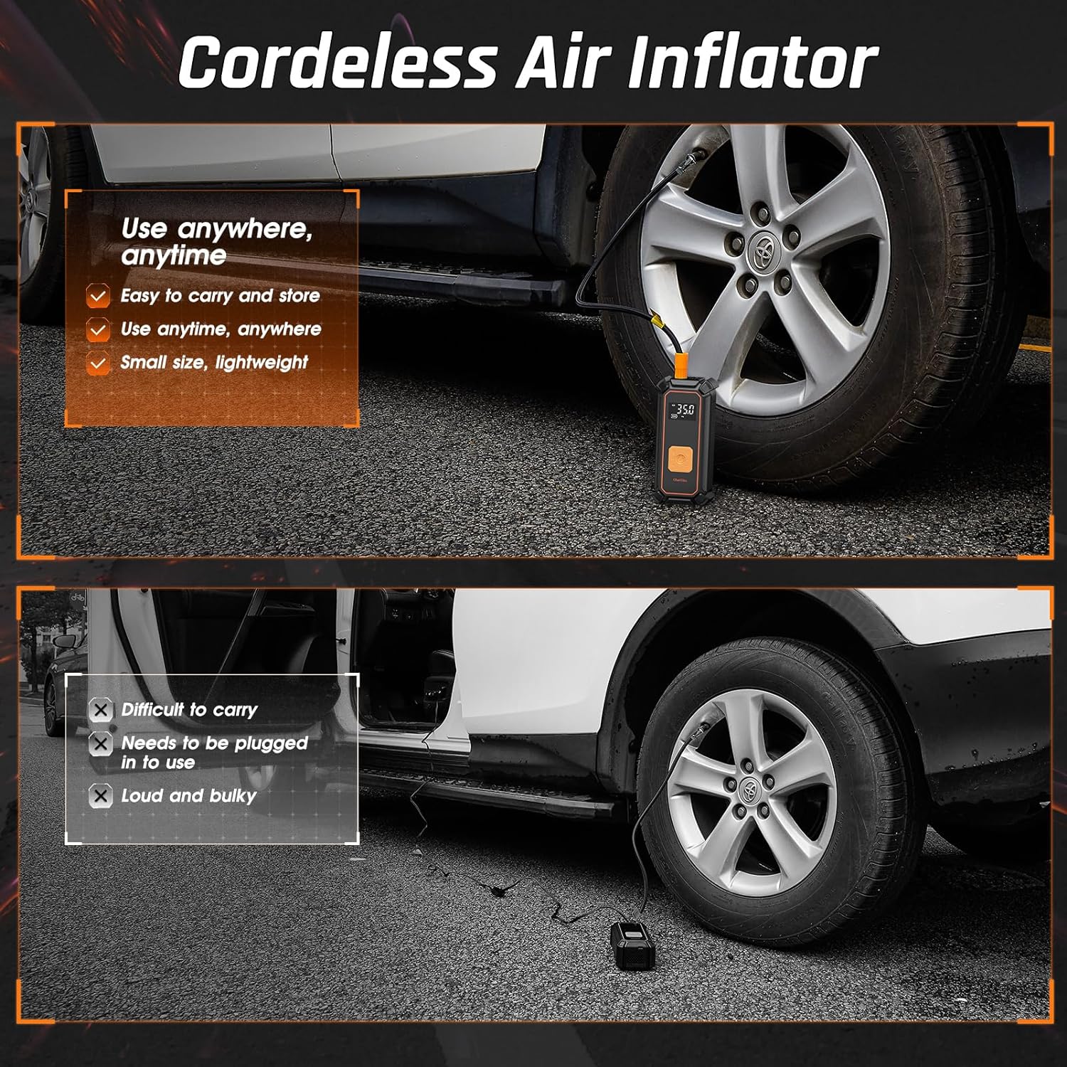 OlarHike Cordless Electric Tire Inflator Portable Air Compressor, Auto Air Pump for Car Tire,SUV,Bicycle, Bike,motorcycle,ball, Tire Inflator with Digital Pressure Gauge, Smart Pump with LED Light, Orange - aborderproducts