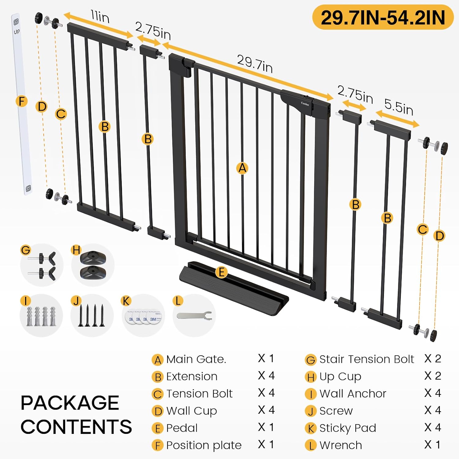 CUMBOR | SAFETY GATE | 29.7-54.2"W x 36"H | BLACK - aborderproducts