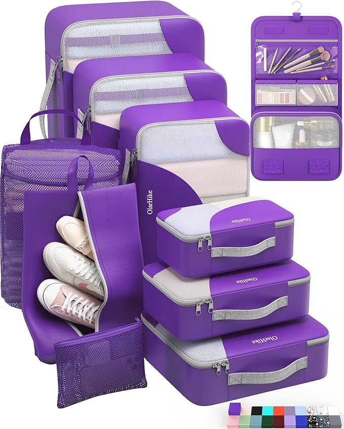 ALL INCLUDED 10 Set Durable Packing Cubes for Suitcases,OlarHike Essentials for Travel,UPGRADED Anti-Tear Stitching, NEW Improved Luggage Packing Organizers for Travel Accessories (Lavender) - aborderproducts