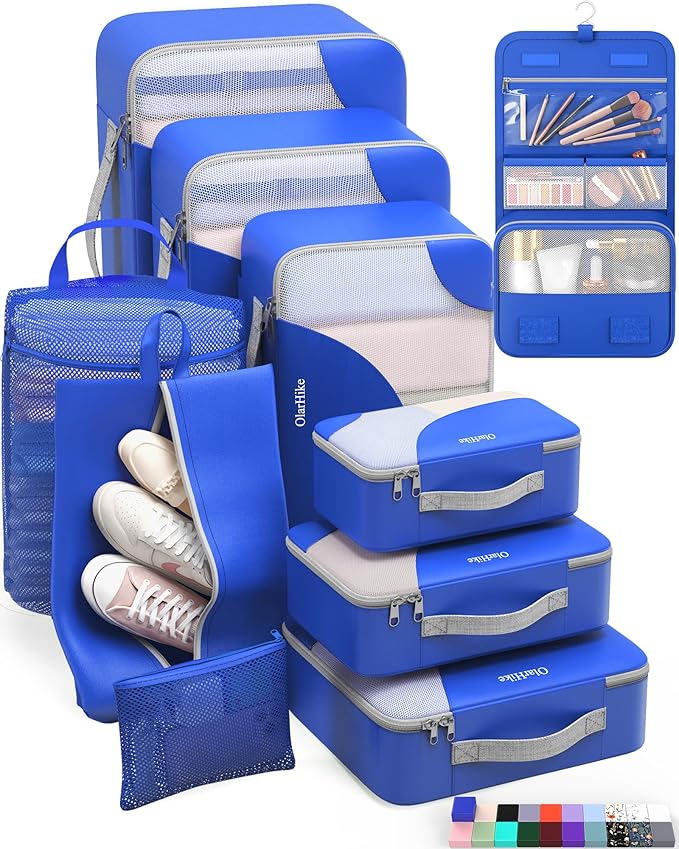 ALL INCLUDED 10 Set Durable Packing Cubes for Suitcases,OlarHike Essentials for Travel,UPGRADED Anti-Tear Stitching, NEW Improved Luggage Packing Organizers for Travel Accessories (Deep Blue) - aborderproducts