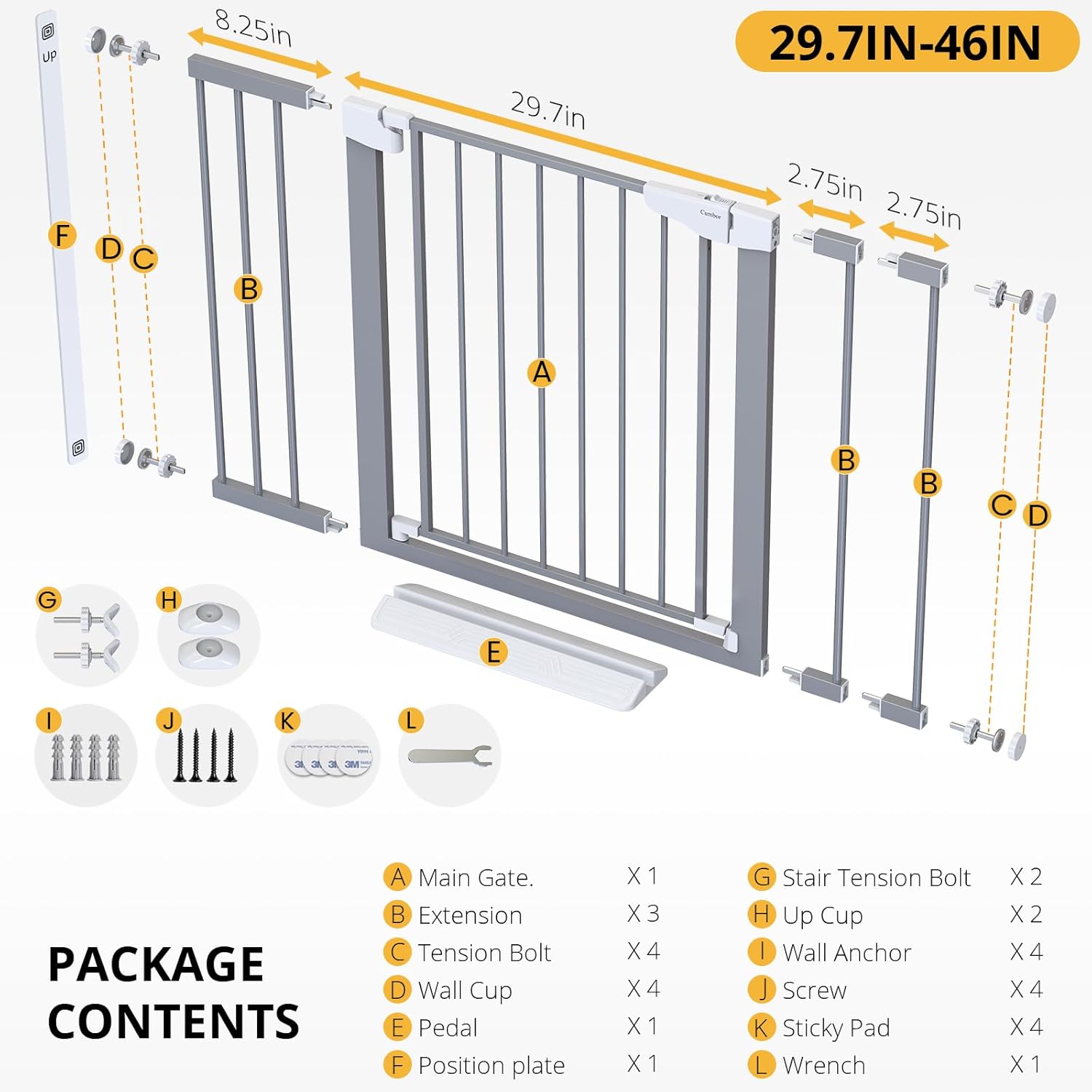 Cumbor | Safety Gate | 29.7-46"W x 30.5"H | Gray - aborderproducts