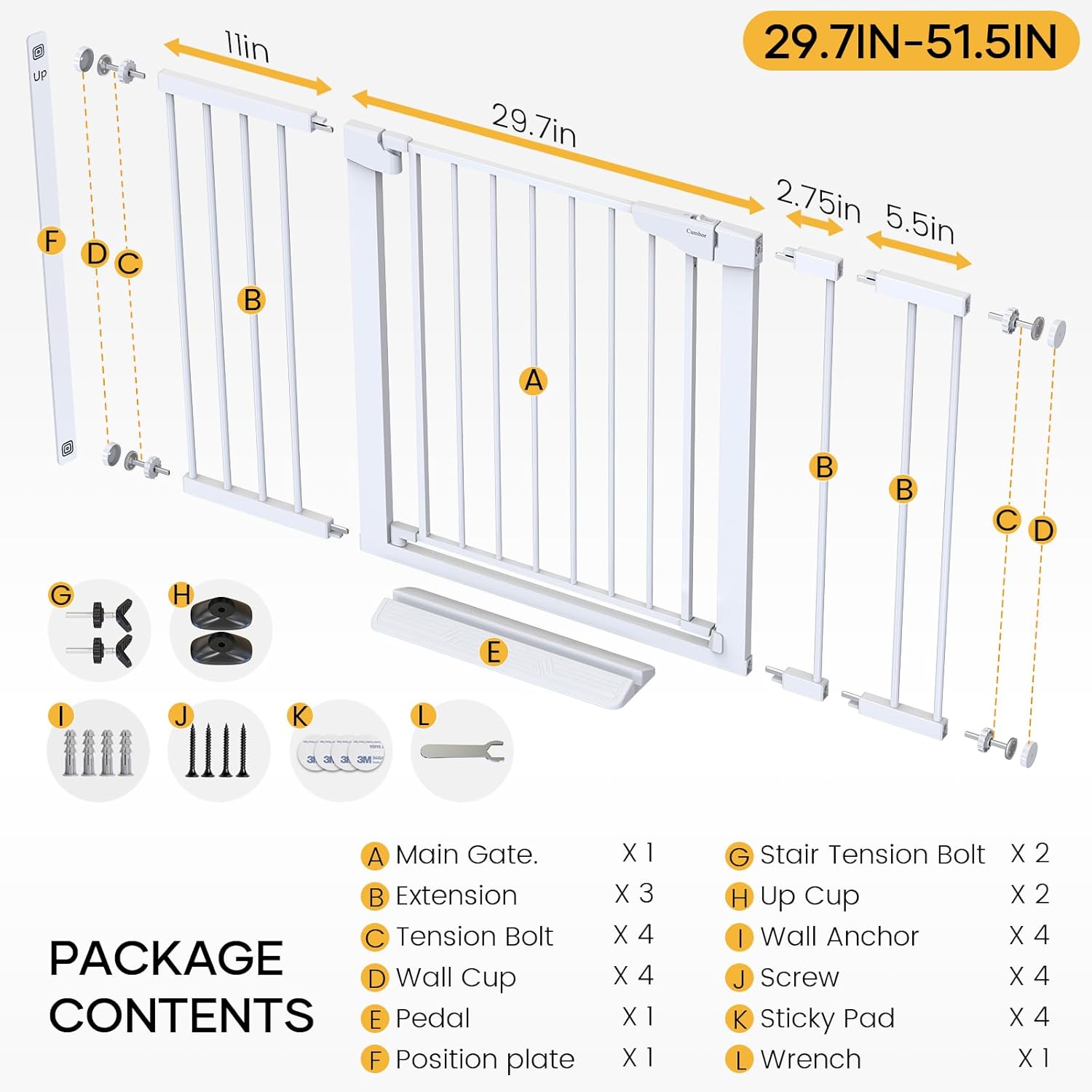 Cumbor | 2 Pack | 29.7"-51.5" x 30.5" | Baby Gate Extra Wide | White - aborderproducts