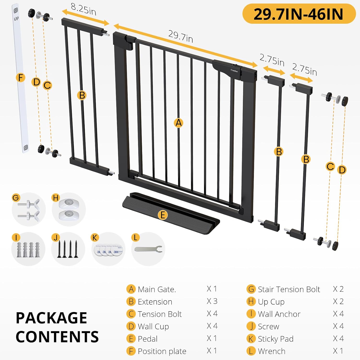 Cumbor | Safety Gate | 29.7-46"W x 30.5"H | Black - aborderproducts
