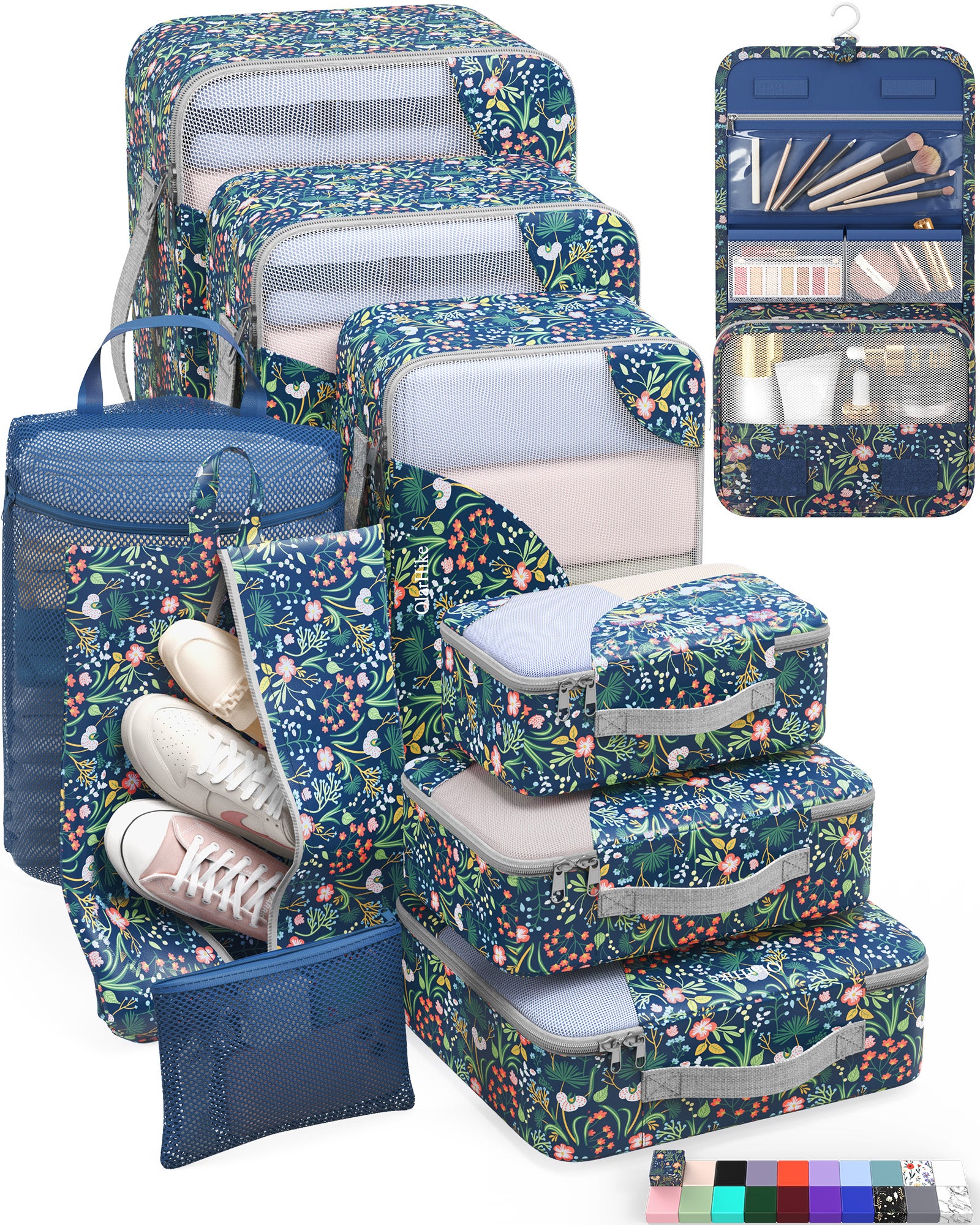 Travel Organizer T3V3 (6+4) 10-Piece Set, Dark Blue Floral OH - aborderproducts
