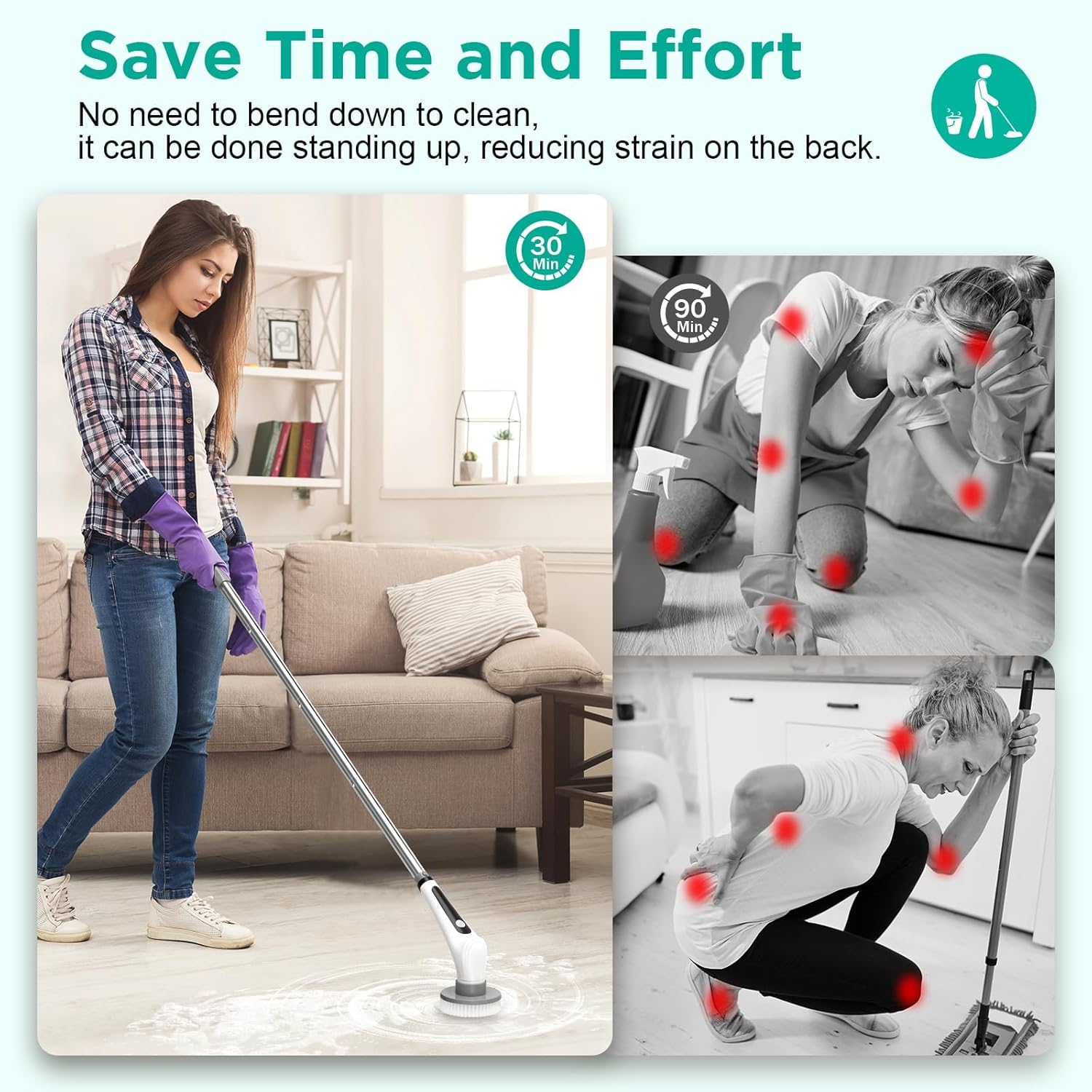 VEKEN ELECTRIC SPIN SCRUBBER, 9 REPLACEABLE BRUSH HEADS| White - aborderproducts