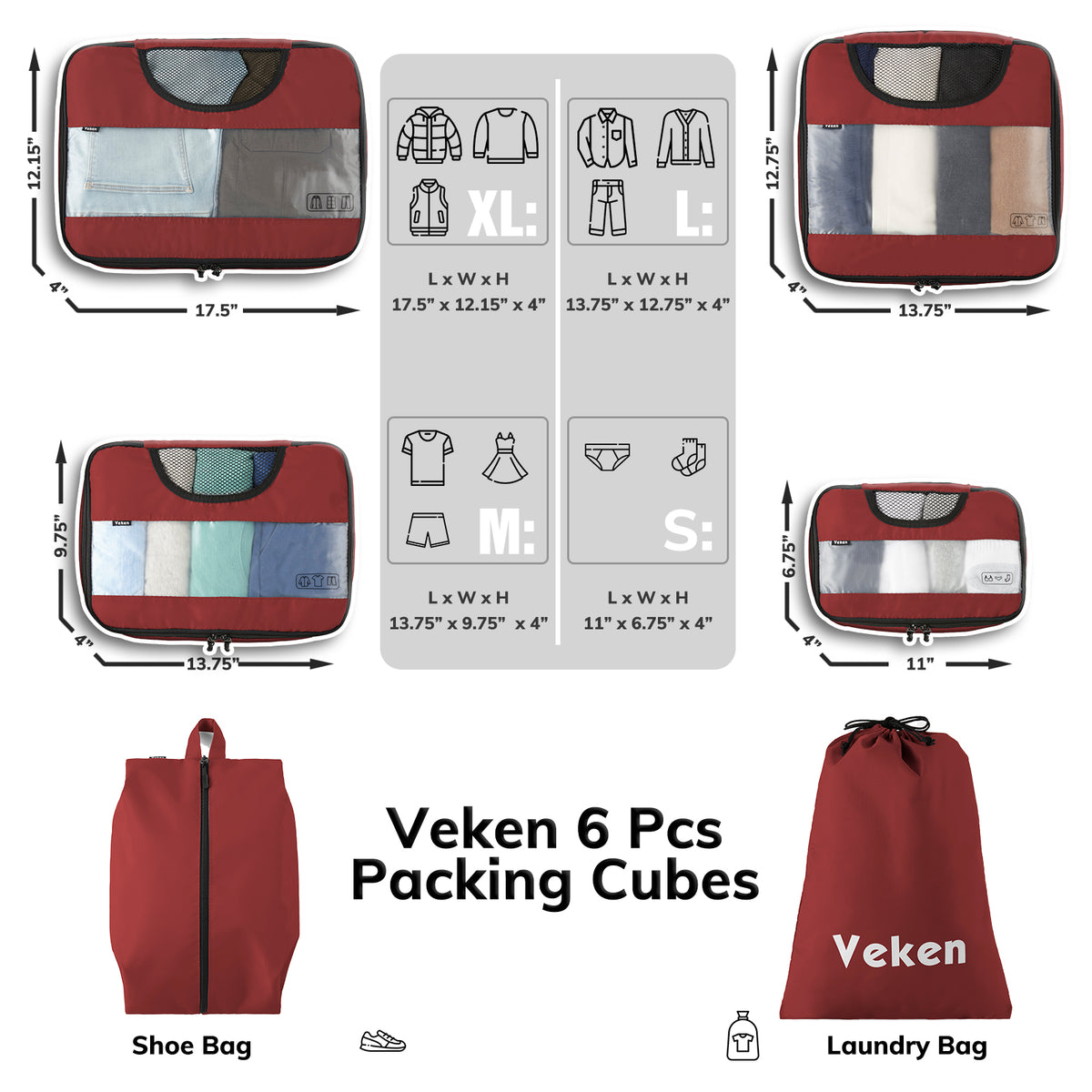 Packing Cubes | 6 Set | Color Wine Red | Veken - aborderproducts