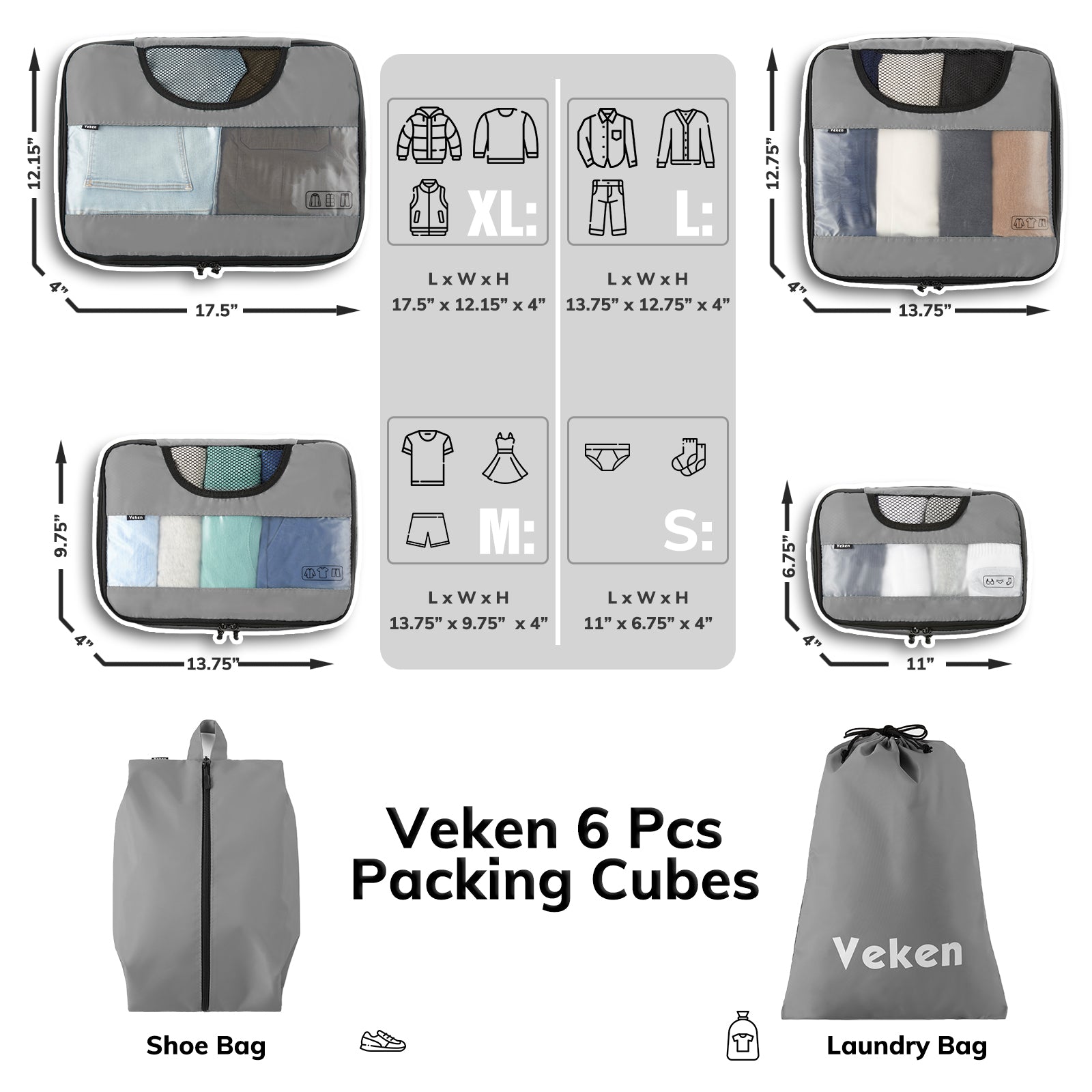 Packing Cubes 6 Set Color Gray Veken aborderproducts