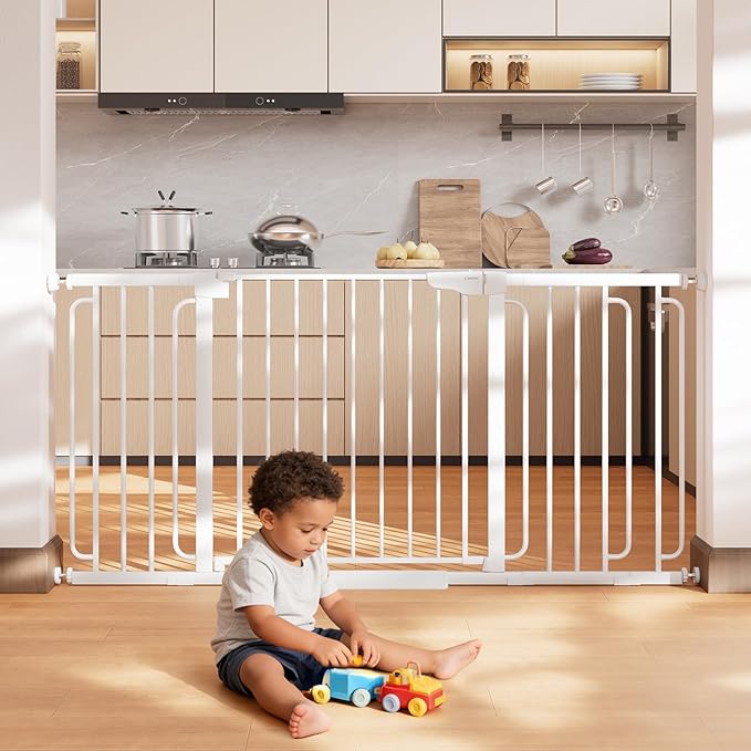 Cumbor 36.6-64" Extra Wide Baby Gate for Stairs, Dog Gates for Doorways, Auto-Close Pet Gate Indoor, Pressure Mounted Walk Through Safety Child Gate for Kids Toddler, Tall Pet Puppy Fence Gate, White - aborderproducts
